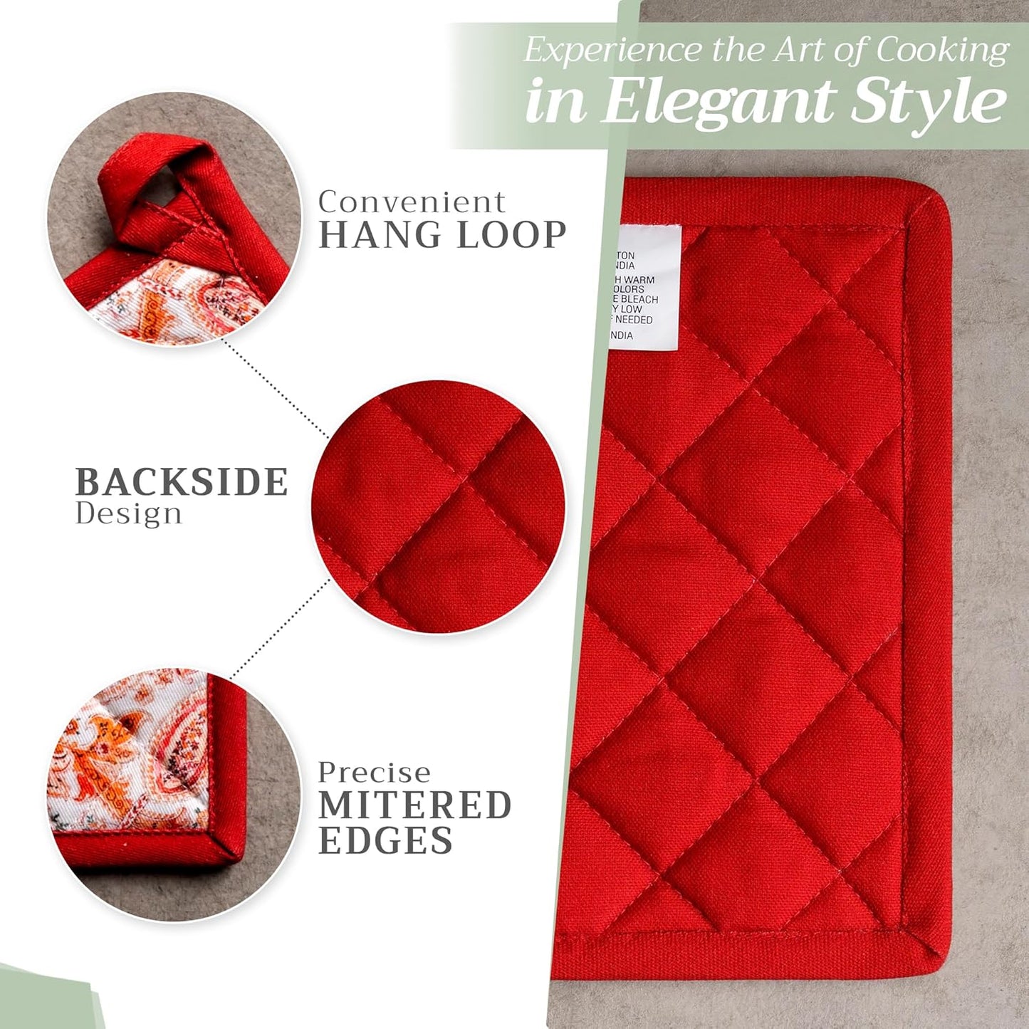 Maison d' Hermine 100% Cotton Oven Mitt & Pot Holder Set (7.5"x13" & 8"x8") Heat Resistant BBQ Cooking Gloves with Loop, Baking, Grilling, Kitchen, Handling Hot Pans (Orient)