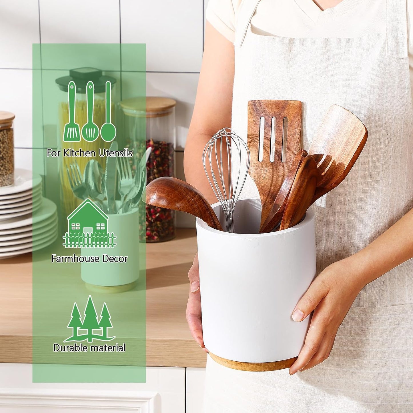 2 Pack Wooden Utensil Holder, 360°Rotating Kitchen Cooking Utensil Crock, Spoon Spatula Holder for Kitchen Counter, Farmhouse Countertop Organizer(White,Round)