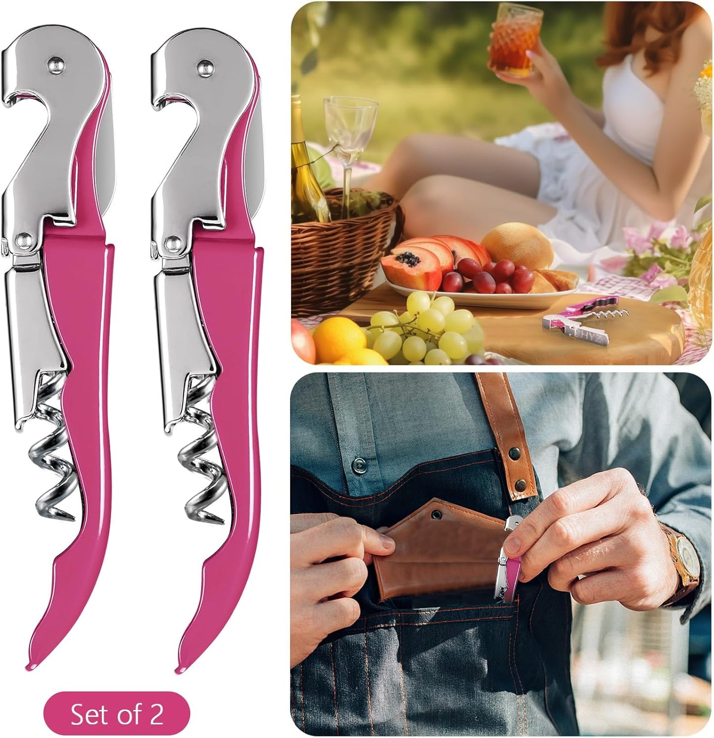 HYZ 2-Pack Wine Opener Waiter Corkscrew, Professional Wine Key for Servers, Bartender with Foil Cutter, Manual Wine Bottle Opener Double Hinged (Rosy)