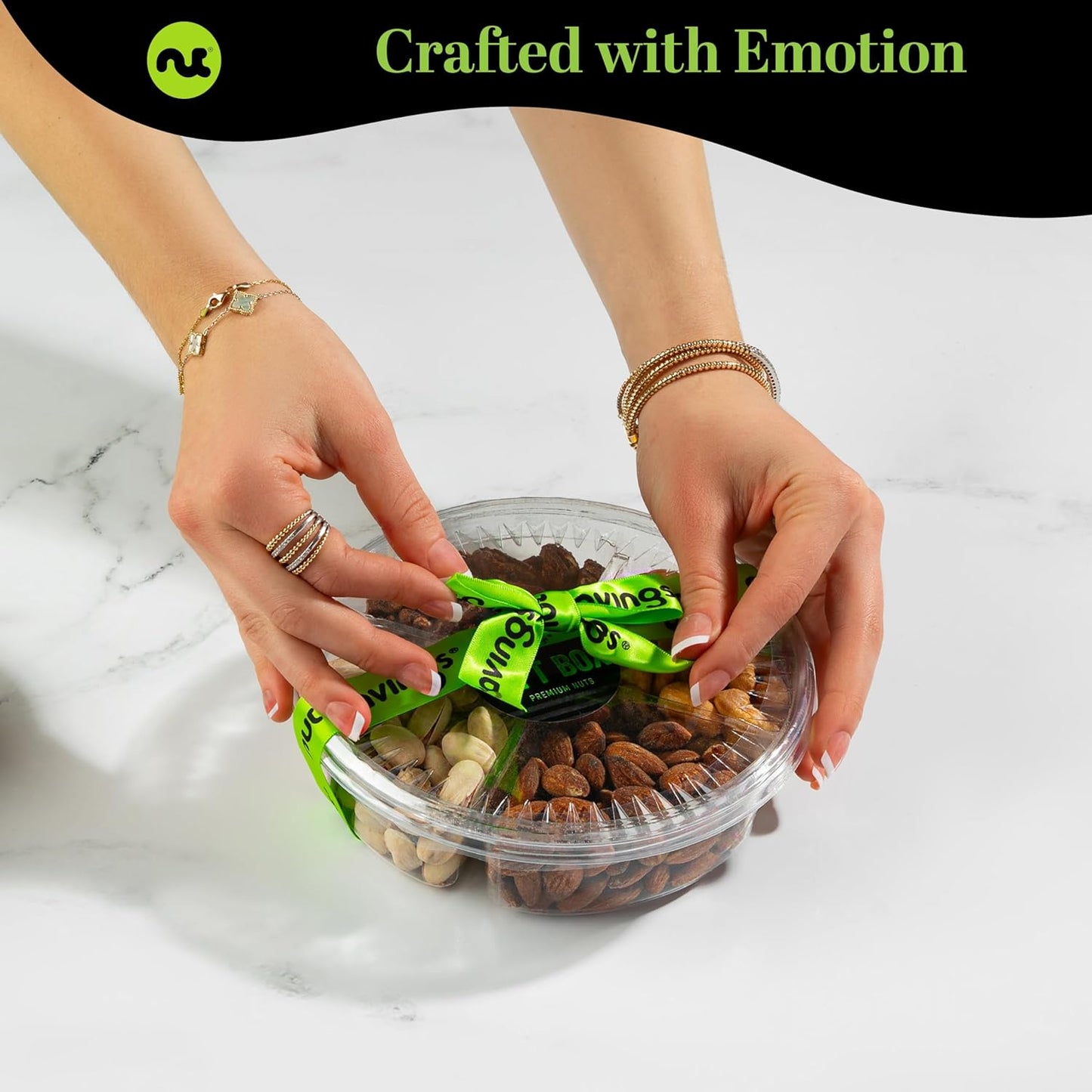 NUT CRAVINGS - Mixed Nuts Gift Basket + Green Ribbon (4 Assortments) Food Arrangement, Healthy Snack Care Package, Food Assortments