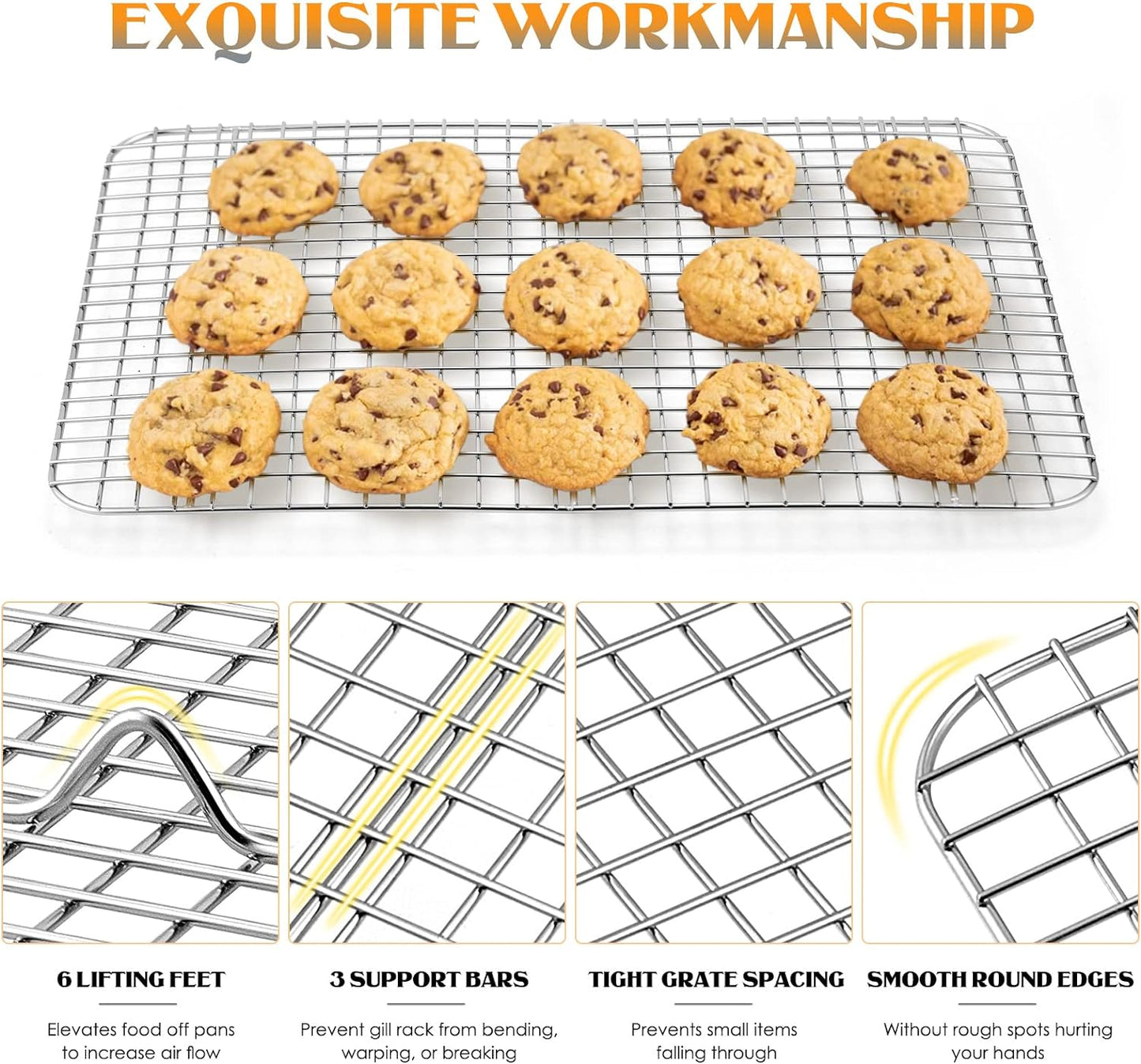 Cooling Rack Set of 2, E-far Stainless Steel Baking Rack for Oven Roasting Cooking Bacon Cooling Cookie Cake, 15.3” x 11.2” Metal Bakeable Mesh Grilling Wire Racks, Non-toxic & Dishwasher Safe
