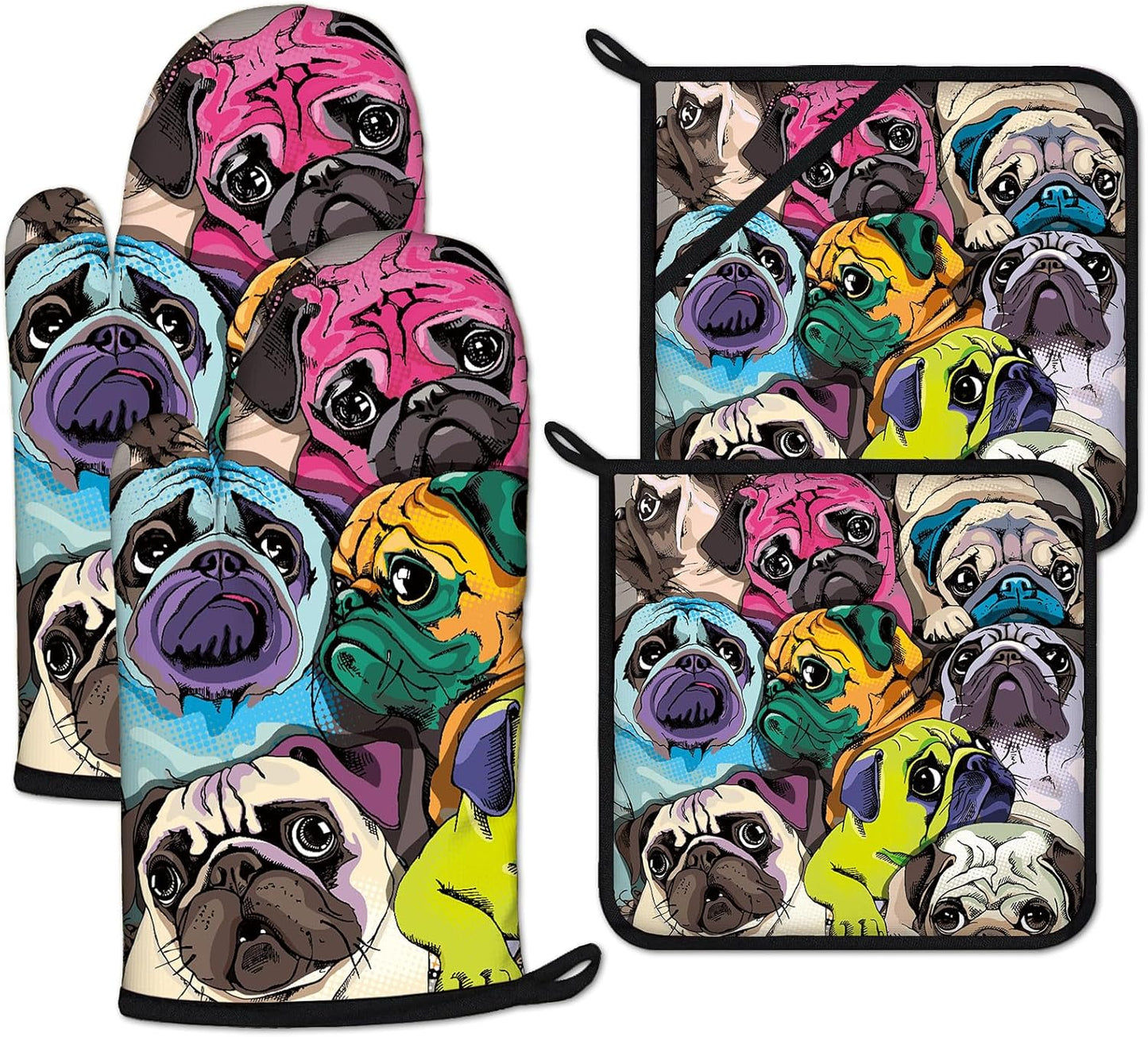 Colorful Pug Dog Face Oven Mitts and Pot Holders Sets Heat Resistant 4Pcs Potholders Oven Gloves Hot Pads for Kitchen Baking Cooking Grilling BBQ
