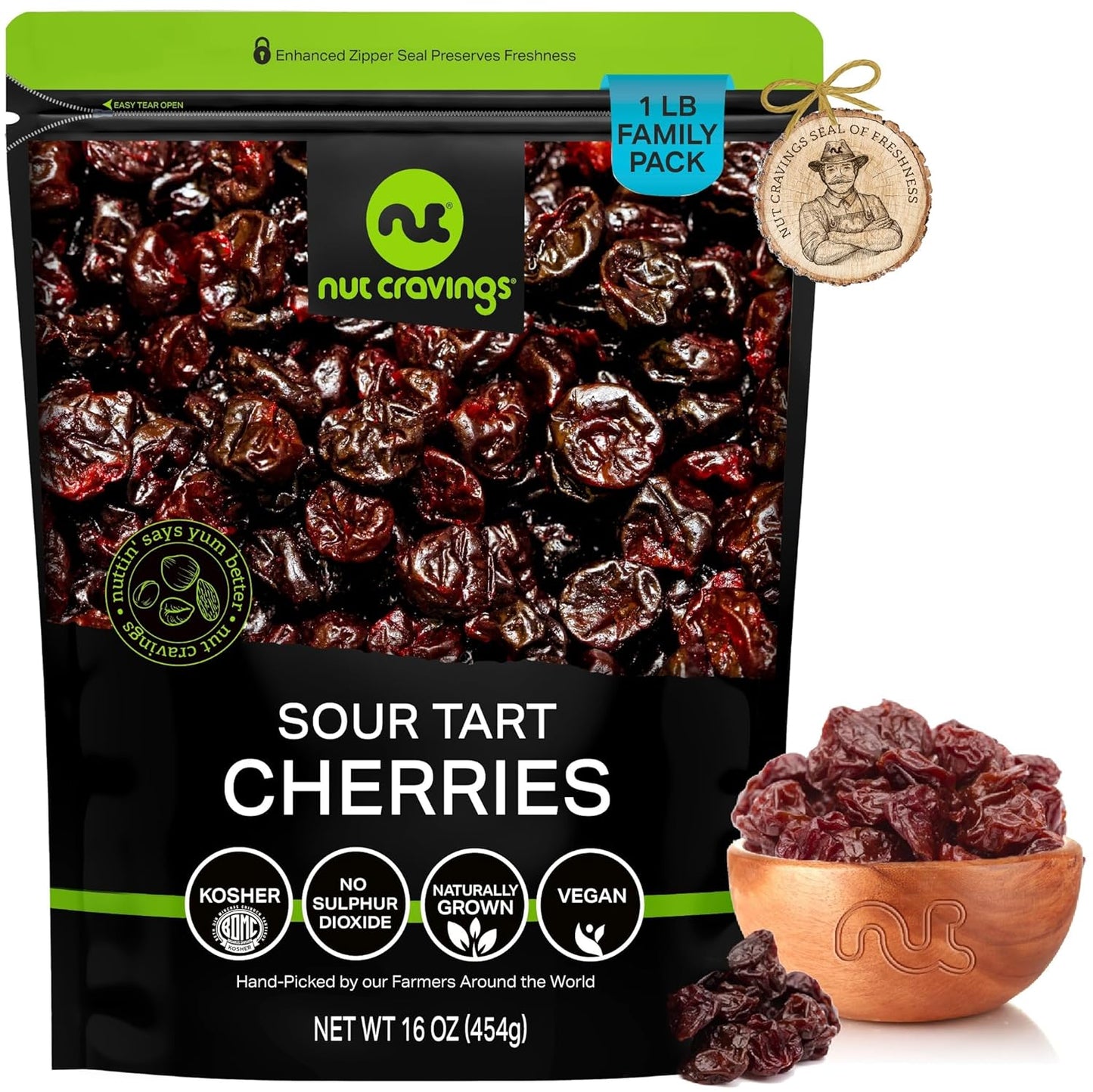 NUT CRAVINGS - Sun Dried Sour Tart Cherries, Lightly Sweetened (16oz, 1 LB) Bulk Dry Fruits Packed Fresh in Resealable Bag - Sweet Healthy Snack, Naturally Grown, Vegan, Kosher