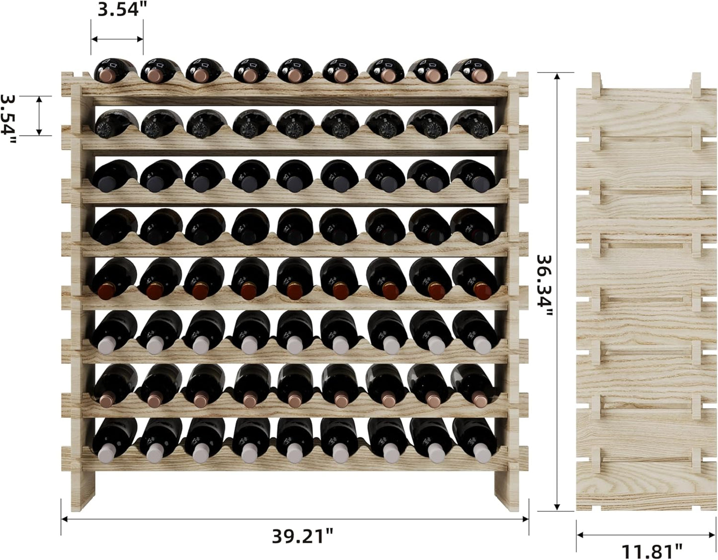 Modular Real Wood Wine Storage Racks - Stackable Wine Rack, Free Standing Floor Wooden Wine Rack, Premium Wine Storage Rack Elegant Display and Organizing for Kitchen and Cellar 8 Tier 72 Bottles