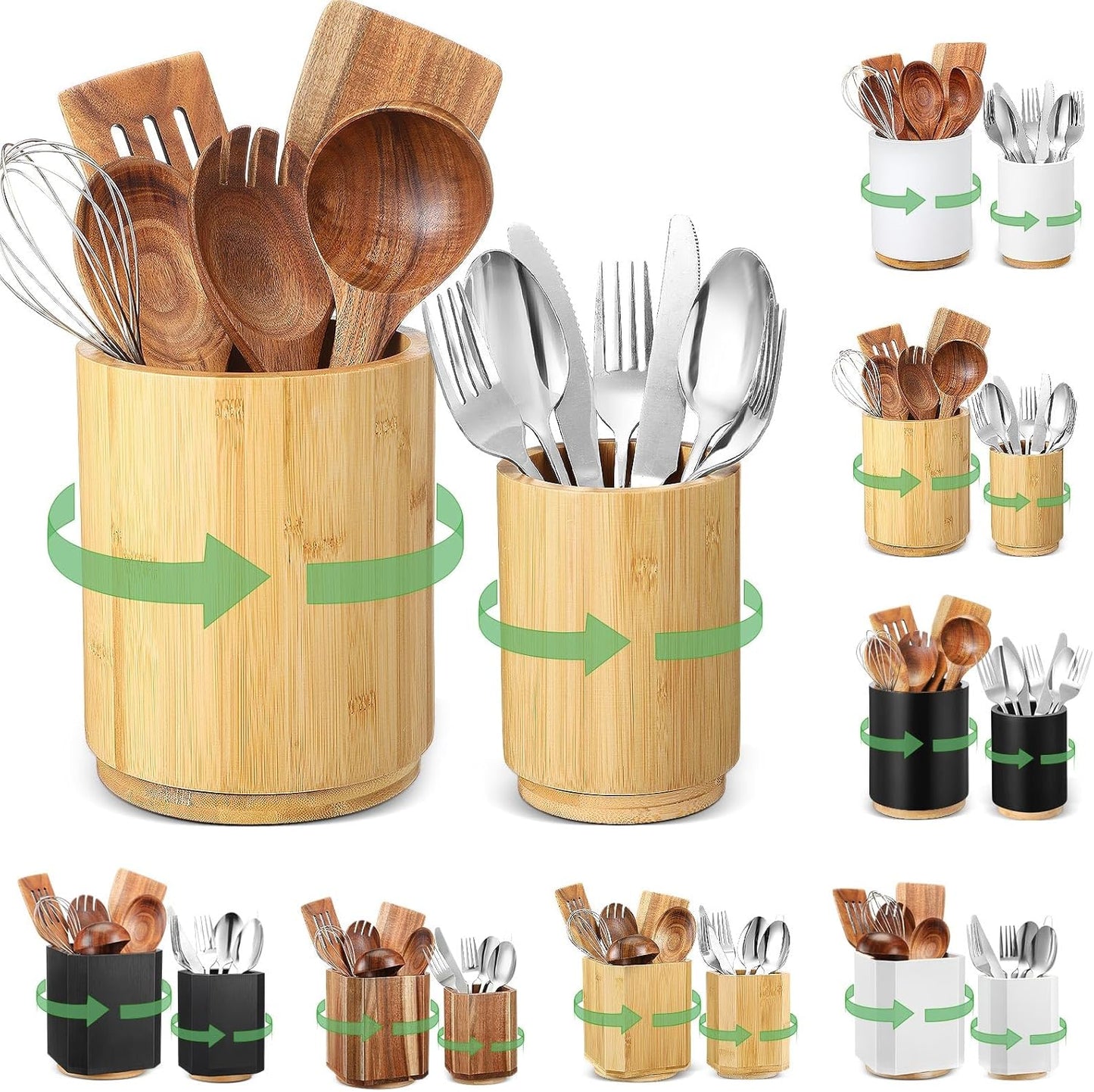 2 Pack Wooden Utensil Holder, 360°Rotating Kitchen Cooking Utensil Crock, Spoon Spatula Holder for Kitchen Counter, Farmhouse Countertop Organizer(Bamboo,Round)