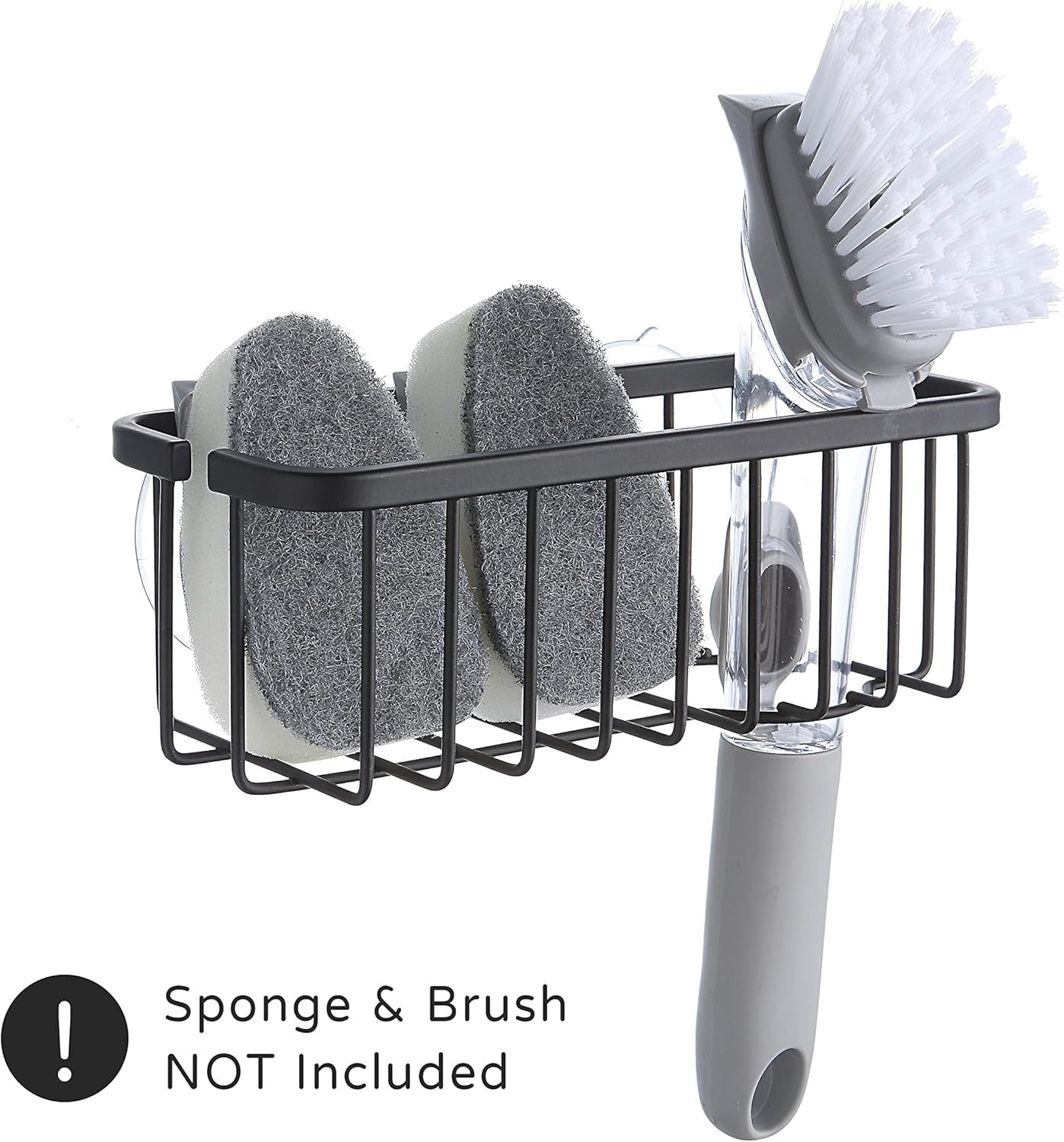 SunnyPoint NeverRust Deluxe Kitchen & Bathroom Sink Sponge Holder Organizer with Adhesive Mount - Additional Suction Cup Included – Sponge & Brush NOT Included – 7.4 x 3.3 x 2.75 Inch, BLK