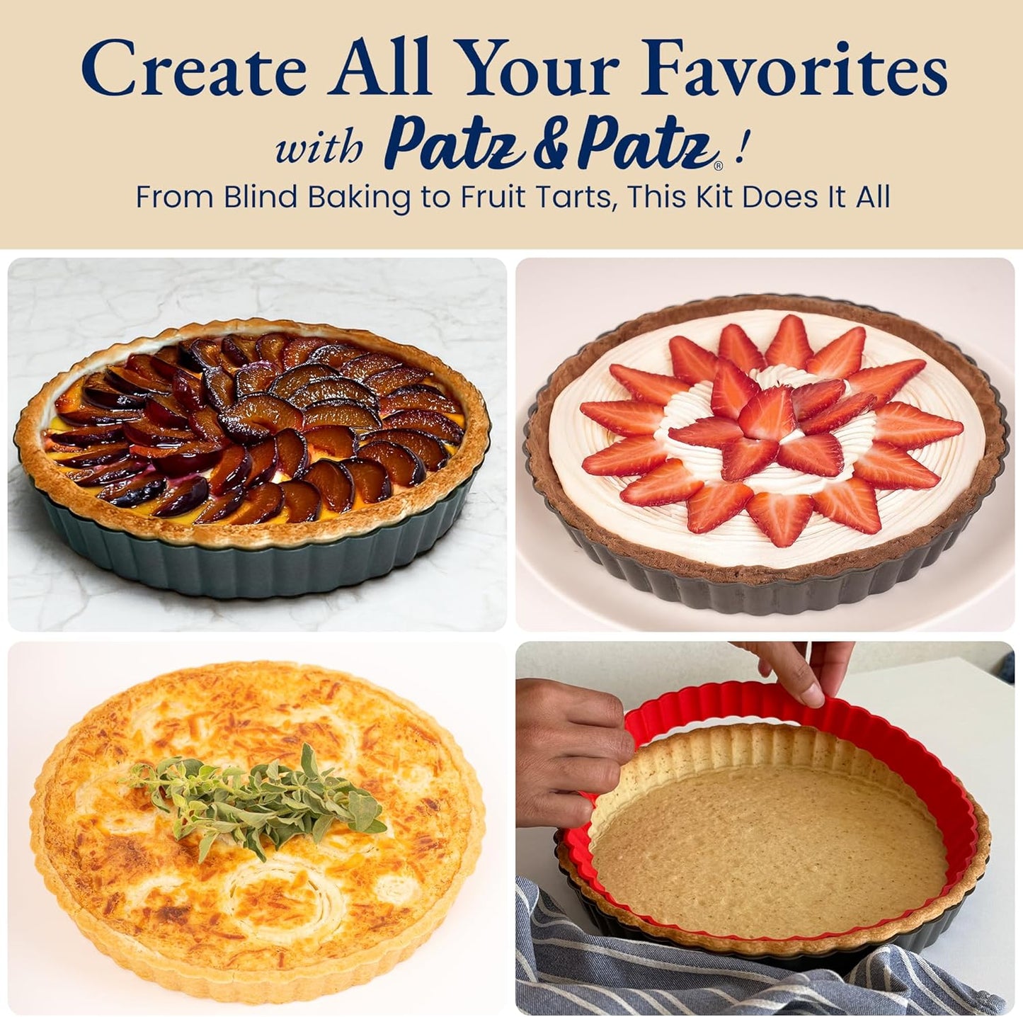 Classic All-in-One Tart Pan 9 Inch Removable Bottom Set with Patented Silicone Crust Shaper & Pie Weight - Quiche Baking Dish & Tart Molds for Baking Fruit Tarts, Pies & Quiches