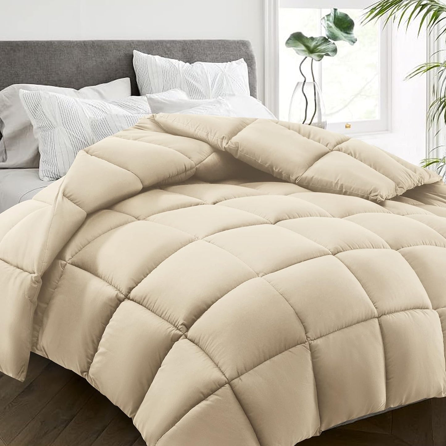 HYLEORY All Season King Size Bed Comforter - Cooling Down Alternative Quilted Duvet Insert with Corner Tabs - Winter Warm - Machine Washable - Beige