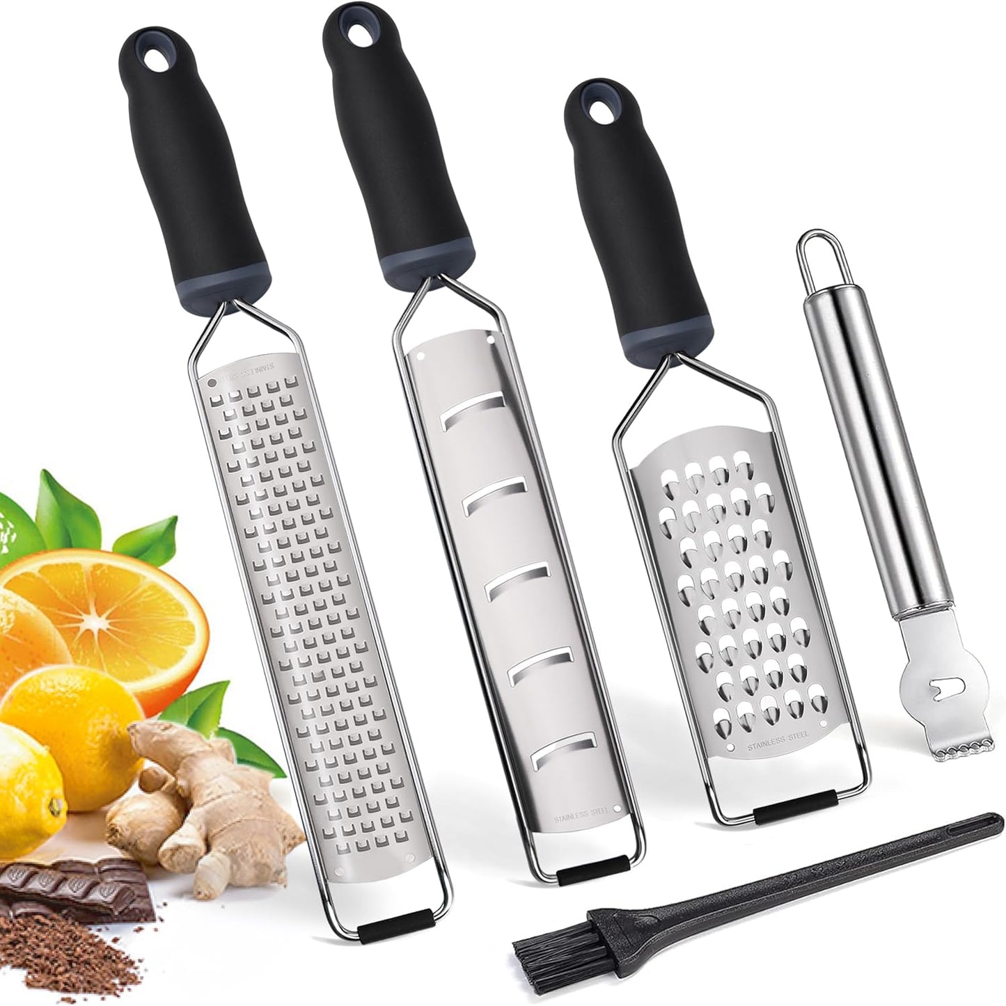 ALLWIN-HOUSEWARE Cheese Grater Zester Set of 5, 304 Stainless Steel with TPE Handle Kitchen Grater & Peeler & Slicer for Cheese, Lemon, Ginger, Garlic, Nutmeg, Fruits, Vegetables, Chocolate