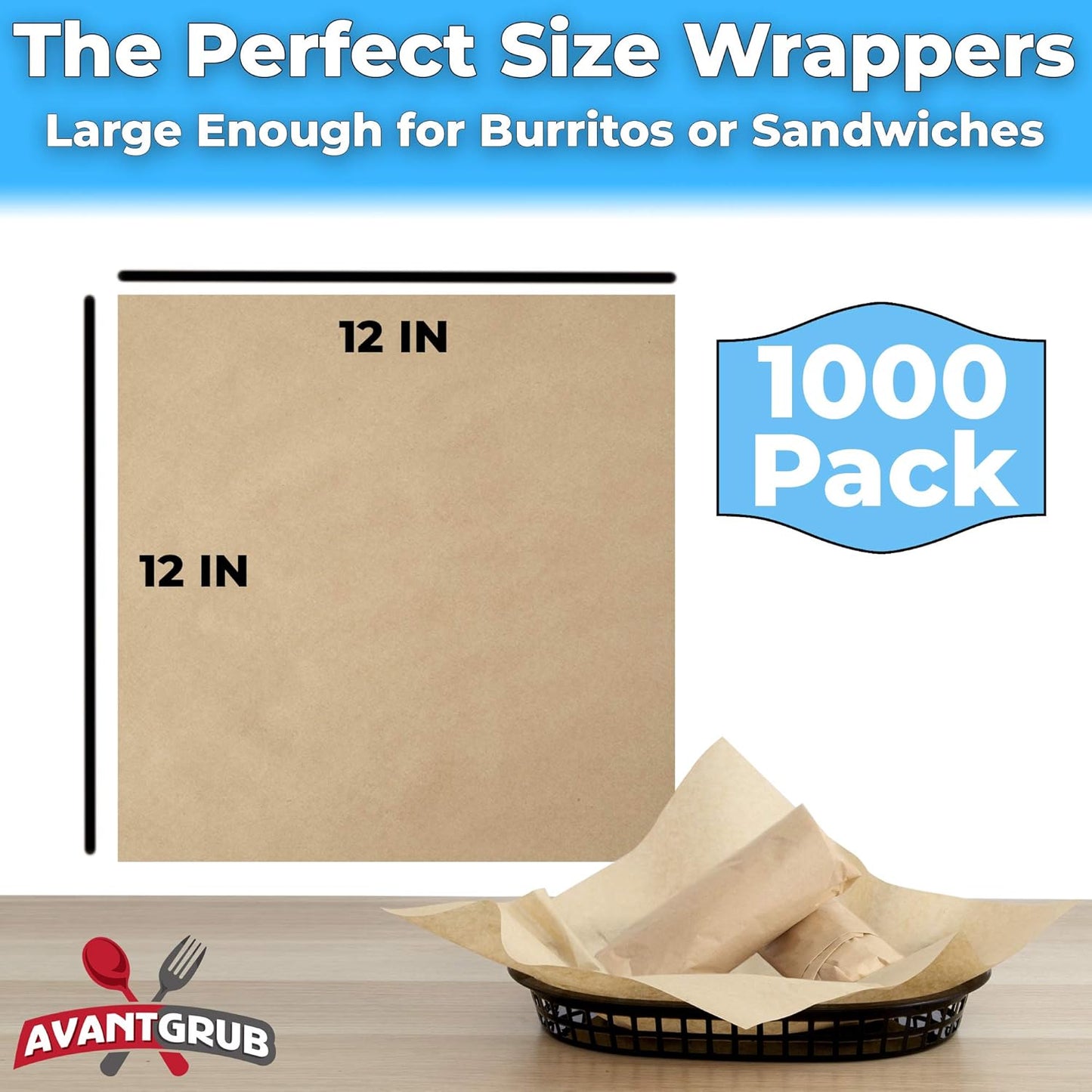 Eco Friendly, Grease Proof 12" x 12" Deli Wrap 1000 Pk. Best Kraft Food Wrapping Paper Sheets for Picnic, Festival, Fair or BBQ. Perfect Liner for Tray, Basket or Boat. Quality Bulk Restaurant Supply