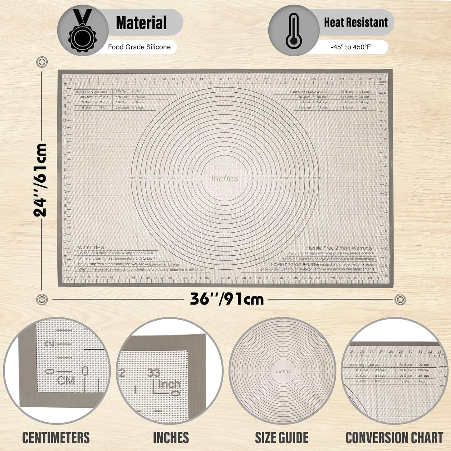 Silicone Pastry Mat 36x24 Inch - Nonstick Baking Mat Perfect for Dough, Pastry, Pie Crust, Fondant, Pasta/Pizza, Kitchen Counter
