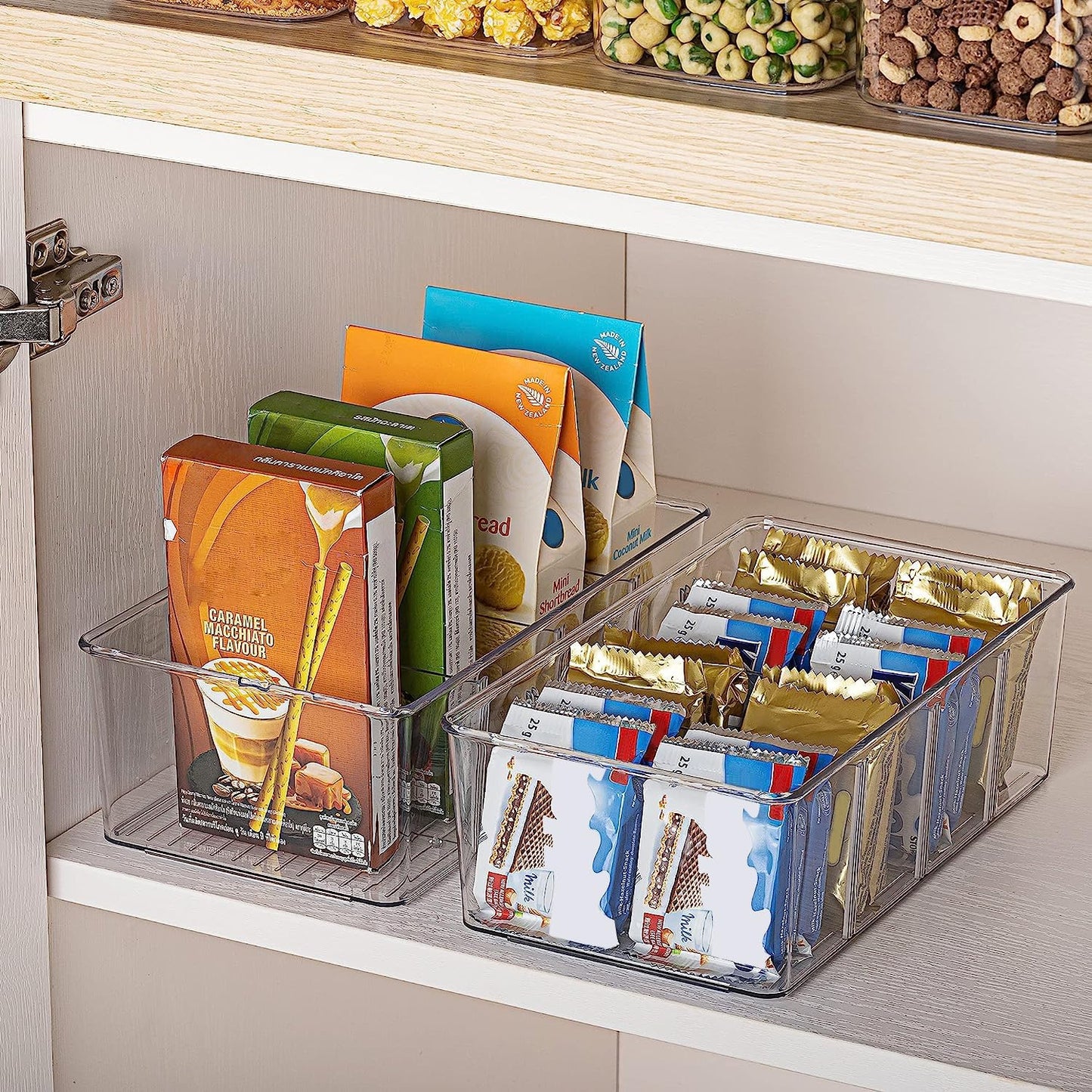 Vtopmart 4 Pack Food Storage Organizer Bins, Clear Plastic Bins for Pantry, Kitchen, Fridge, Cabinet Organization and Storage, 4 Compartment Holder Packets, Snacks, Pouches, Spice Packets