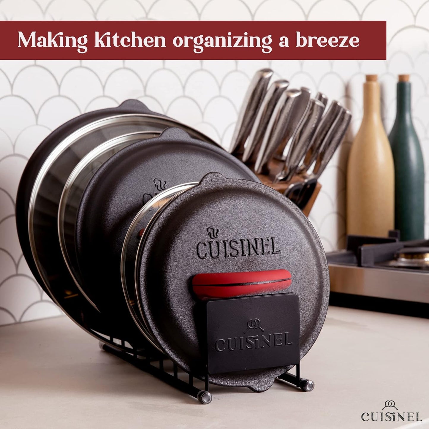 Cuisinel Pot Lid and Dish Organizer Rack - Matte Black Kitchen Storage/Organization Stand - 7-Tier Cabinet/Counter, Cookware, Pots and Pan Lids/Covers, Cutting Board Holder Organizer