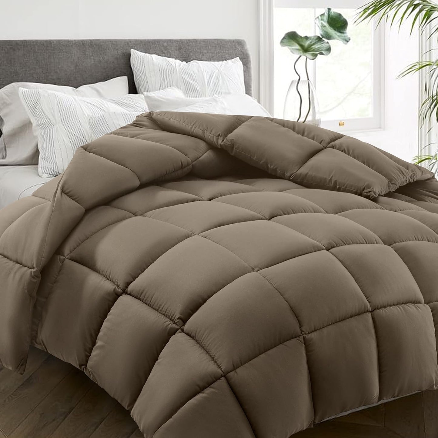 HYLEORY All Season Queen Size Bed Comforter - Cooling Down Alternative Quilted Duvet Insert with Corner Tabs - Winter Warm - Machine Washable - Taupe