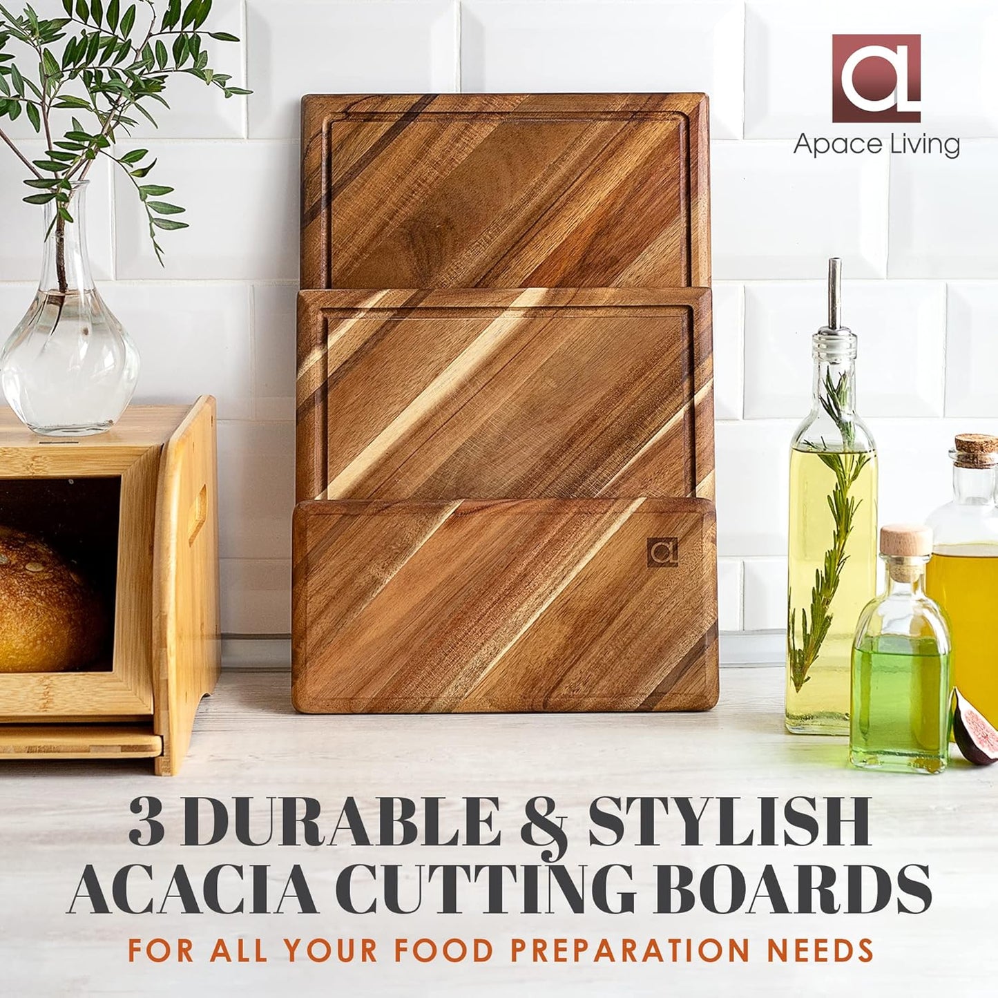 Chorus Wood Cutting Board Set with Juice Groove (3 Pieces) - Acacia Wood Kitchen Cutting Boards, Chopping Board for Meat (Butcher Block), Vegetables, Cheese - 100% Natural Hardwood