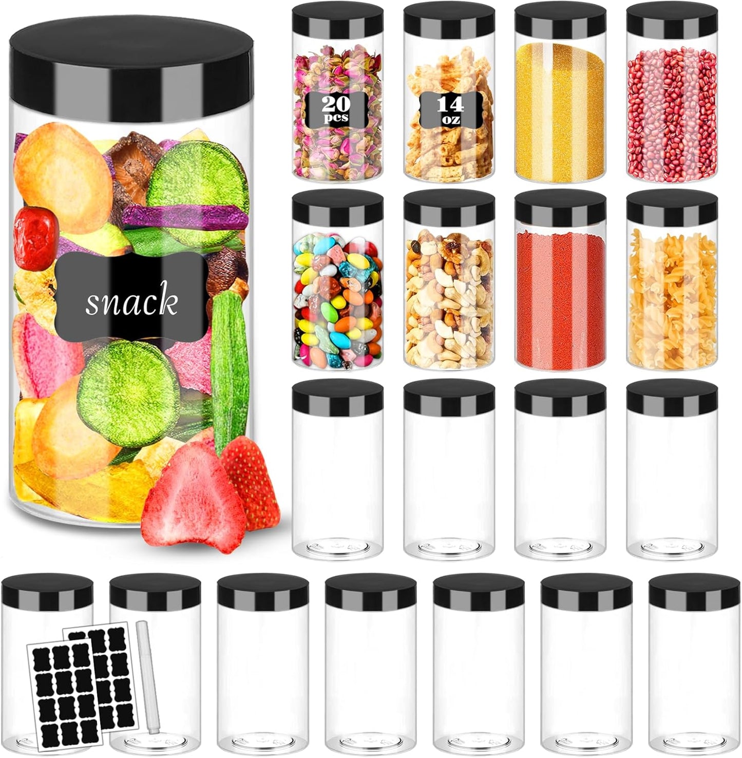 Plastic Jars with Lids 20Pcs 14 oz Clear Plastic Slime Storage Jars Containers with Airtight Leak Proof Black Plastic Screw On Lids Cylinder Clear Round Jar Food Grade Durable PET Jar