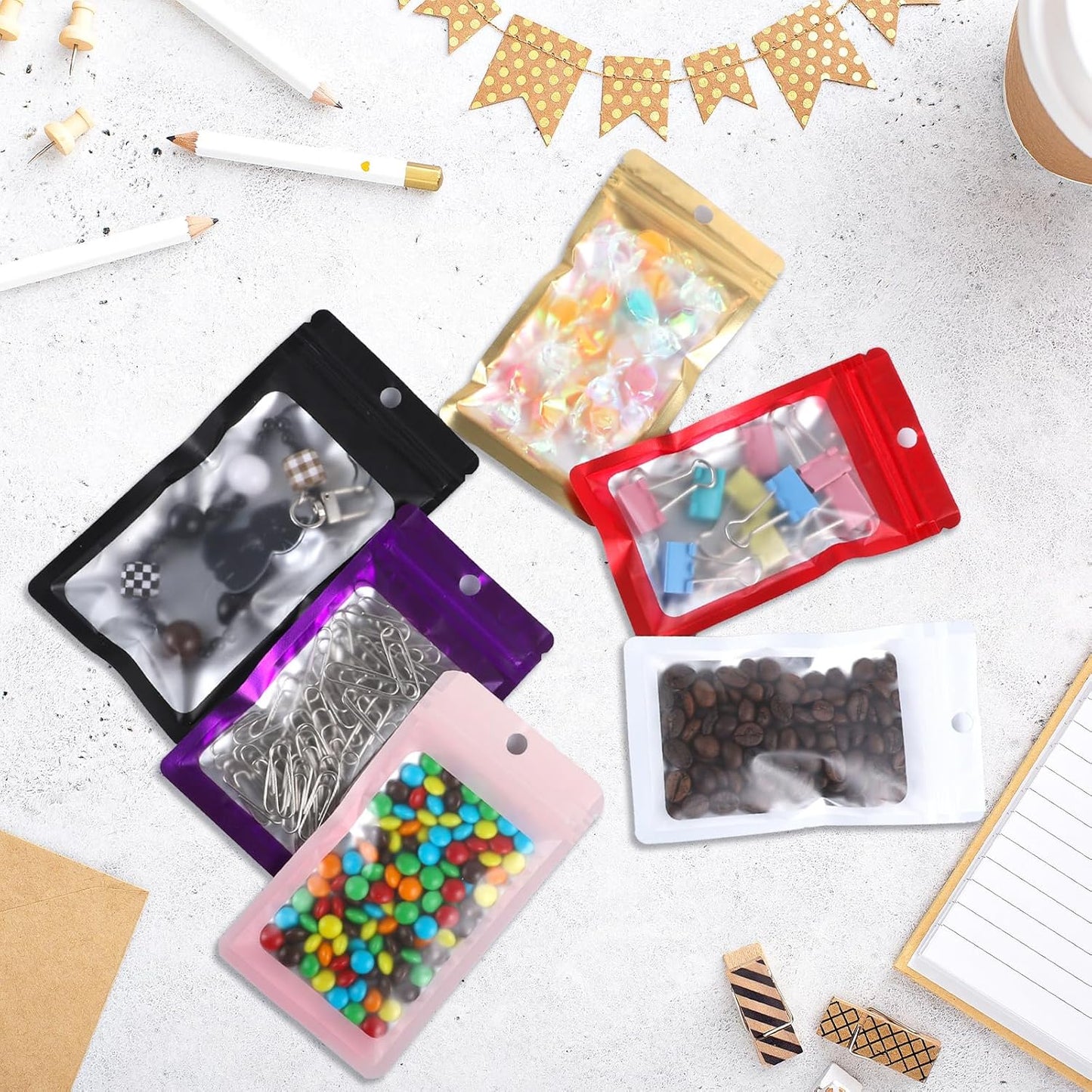 200 Pack Resealable Mylar Holographic Bags Food Storage Smell Proof Bags with Front Window Foil Packaging Pouch for Candy Sample Jewelry Small Business 3.15×5.51 Inch, Red