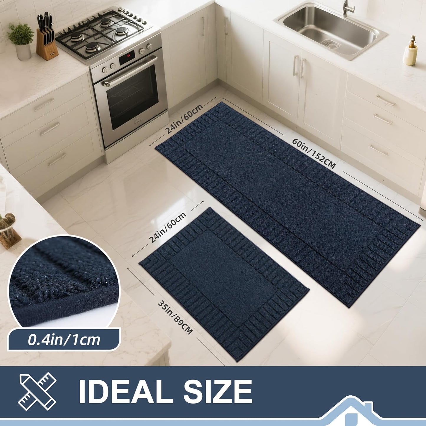 BEQHAUSE-Kitchen-Rugs-Washable-Kitchen-Mats-for-Floor Non-Slip Kitchen Mats Set of 2 Absorbent Kitchen Runner Navy Blue with TPR Backing 24x35inch/24x60inch