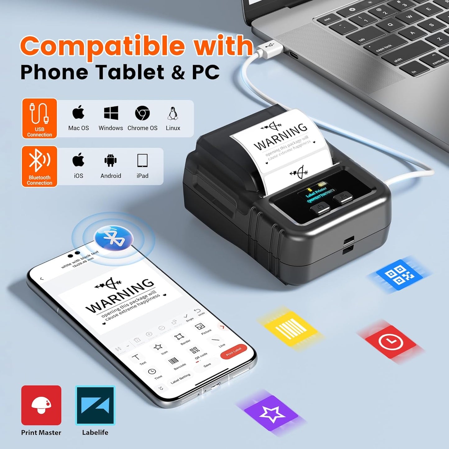 Phomemo M120 Label Maker, 2 Inch Bluetooth Thermal Label Printer with 3 Rolls Thermal Label(4030/4030/5030mm), Label Maker Machine for Small Business, Barcode, Address, Sticker Printer for Phone & PC