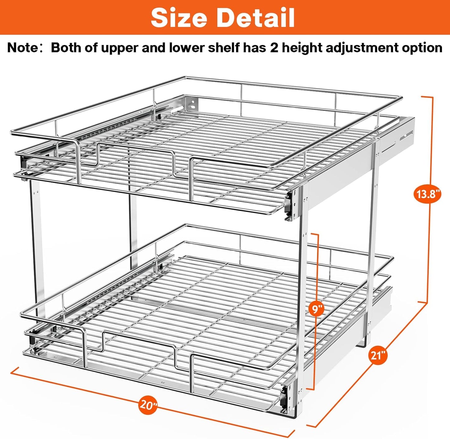ROOMTEC Individual Pull Out Cabinet Organizer (20" W x 21" D), 2 Tier Spice Rack Organizer for Cabinet, Slide Out Drawer Pantry Shelf Organization and Storage for Kitchen Bathroom