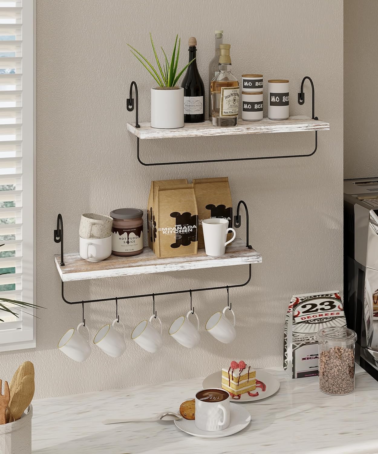 Coffee Mug Holder, Coffee Bar Shelf with Hooks Wall Mount Cup Organizer Mug Racks Pods Storage Hanger Farmhouse Kitchen Decor, White