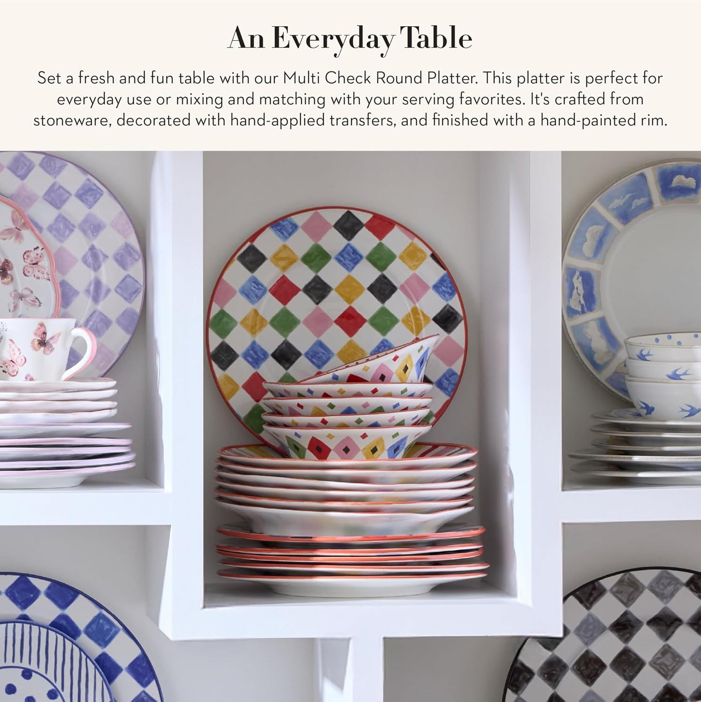 MACKENZIE-CHILDS Round Platter, Dishwasher-Safe and Microwave-Safe Stoneware Serving Platter, Multi Check