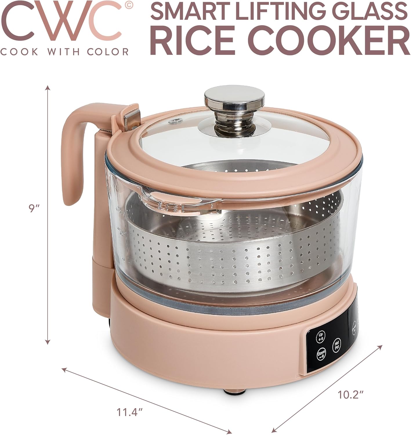 COOK WITH COLOR 3L Glass Low Carb Rice Cooker - Makes 6 Cups Low Sugar Rice with Auto Lift Filter Basket, Hotpot & Steamer for Rice, Grains and Oats, Digital Panel with Keep Warm Function, Blush