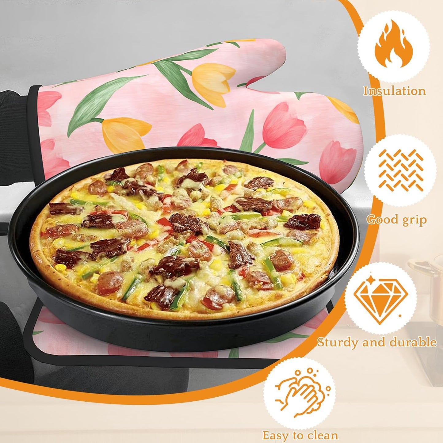 Pink Tulip Oven Mitts and Pot Holders Set,Spring Summer Kitchen Decor Heat Resistant Non Slip Hot Pads and Oven Mitt for Chef Cooking Baking BBQ Mom Girl Gifts(4 Piece Set)