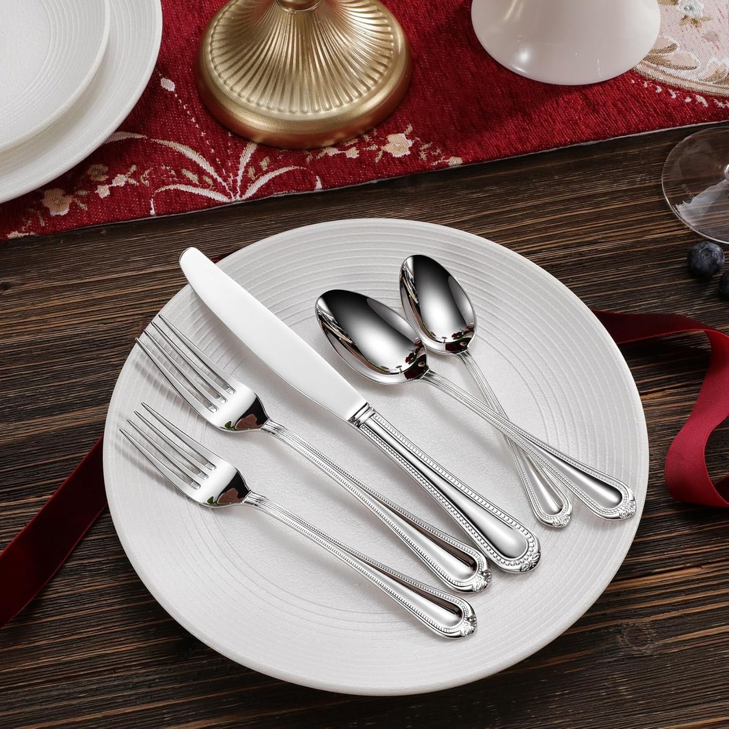 KEAWELL Pearl Edge Premium 20-Piece Refined Bead Silverware Set, 18/10 Stainless Steel, Service for 4, Fine Flatware Set, Dishwasher Safe (20, Silver)