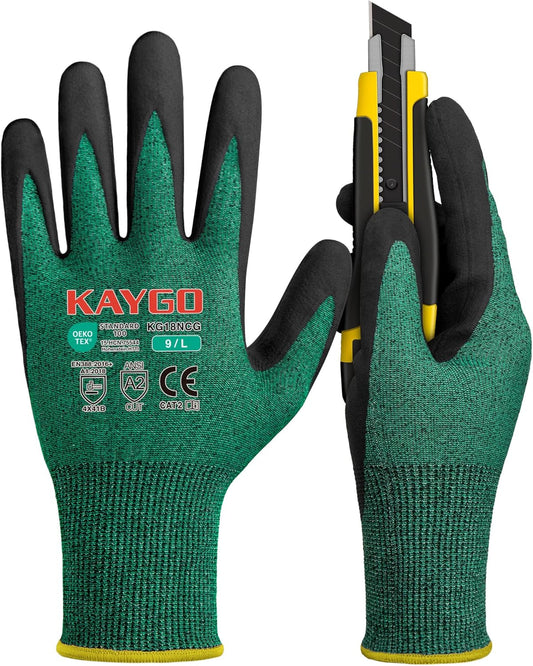 KAYGO Safety Work Gloves MicroFoam Nitrile Coated, 3 Pairs KG18N, Cut Resistant Glove with Abrasion and Oil Resistant Grip, ANSI Cut Level A2, L, Green