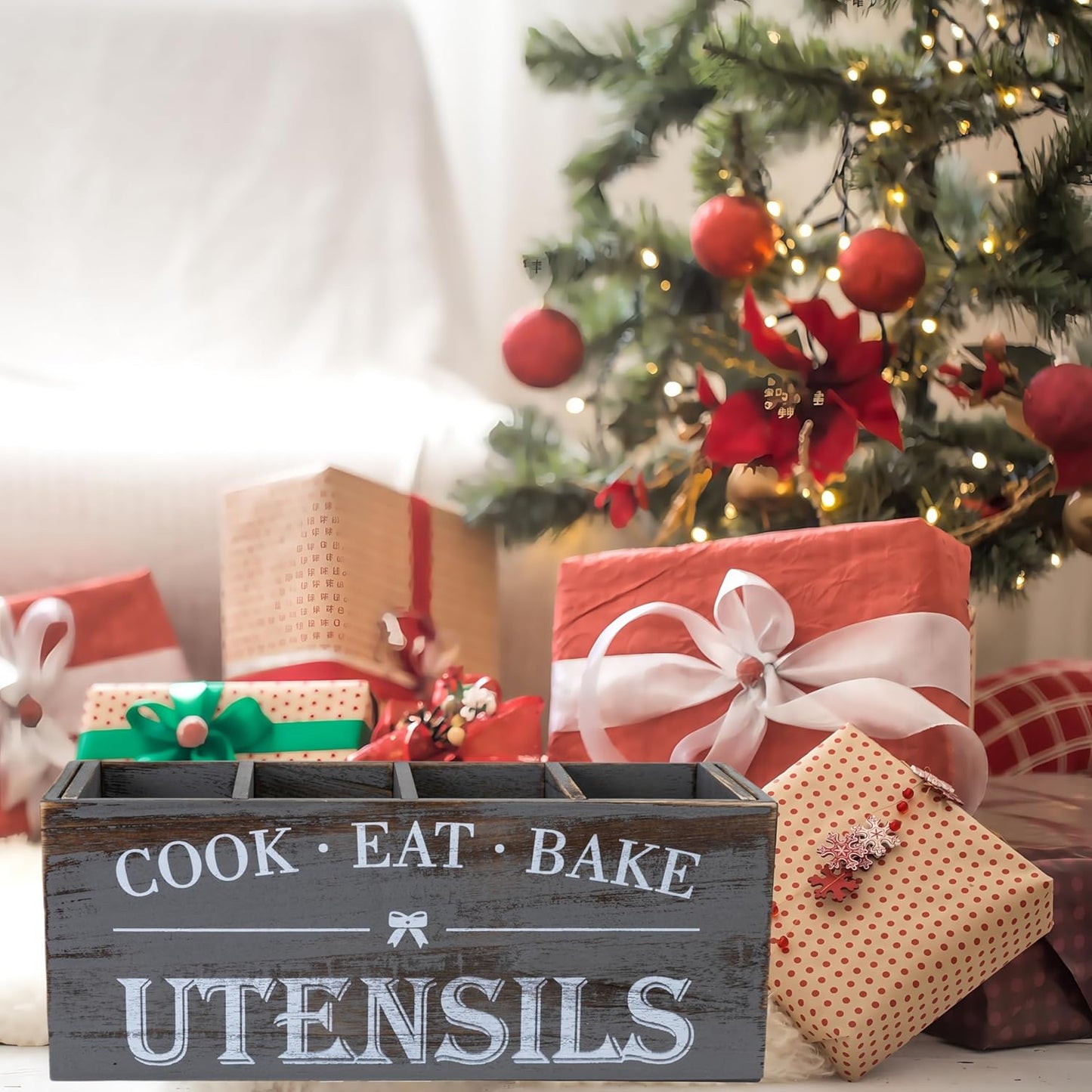 Utensil Holder,Extra Large Wooden Utensil Holder For Kitchen Counter,Cooking Spatula Organizer,Big Storage Caddy With 4 Compartments Flatware Spoon Tool Cutlery（Grey）