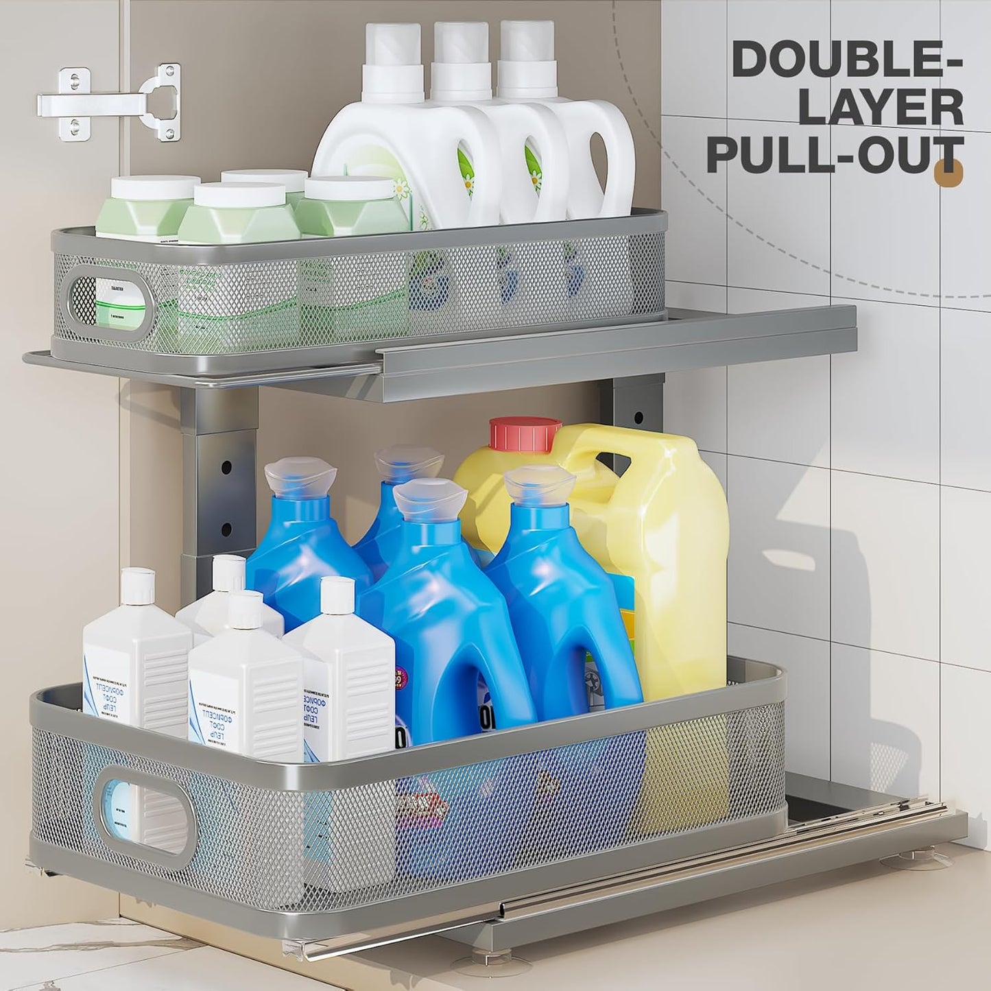 2 Pack 15.5IN-Depth Under Sink Organizer With Next-Gen Ball-Bearing Slides,2-Tier Precision Mesh Pull Out Cabinet Storage for Bathroom&Kitchen,Height Adjustable Drawers Shelf,Anti-rust-Grey