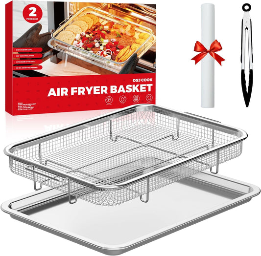Air Fryer Basket for Oven, Air Fryer Basket and Stainless Steel Baking Tray Pant Oven Air Fryer Pan Rack for Cooking Baking Dishwasher and Broiling (13.1" * 8.8" & 12.8" * 9.6")