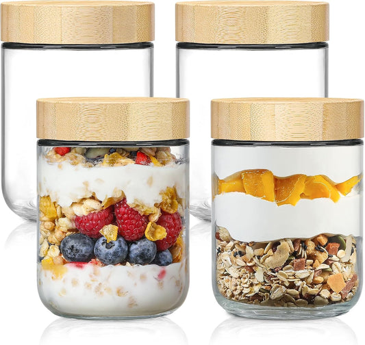 NETANY 4-pack 16oz Glass jars with Airtight Lids, Overnight Oats Containers with Bamboo Lids, Wide mouth Mason Salad jars, Glass Food Storage Containers for Snacks Yogurt Spice Sugar