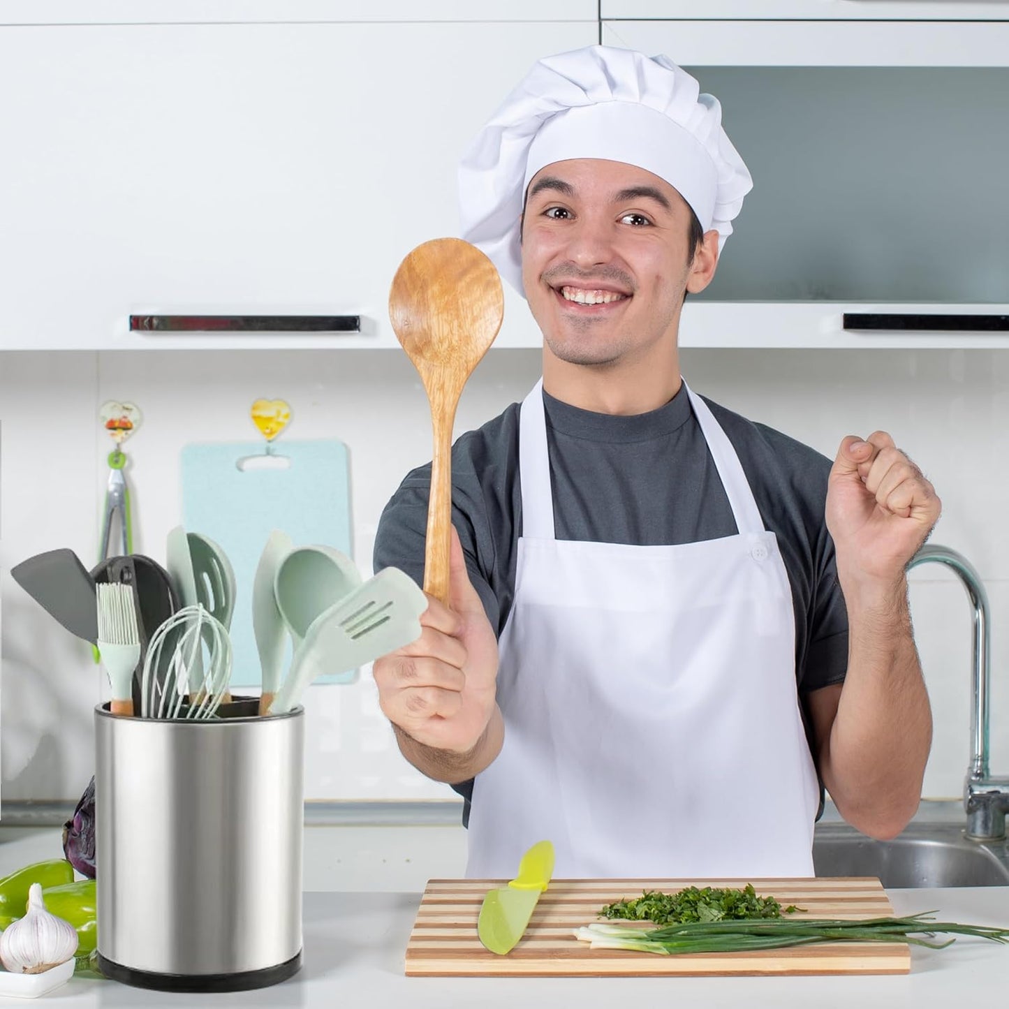 Utensil Holder For Kitchen Counter Organizer Extra Large Silverware Caddy Cooking Utensil Stainless Steel Rotating Kitchen Storage 3 Compartment Flatware Spoon Spatula