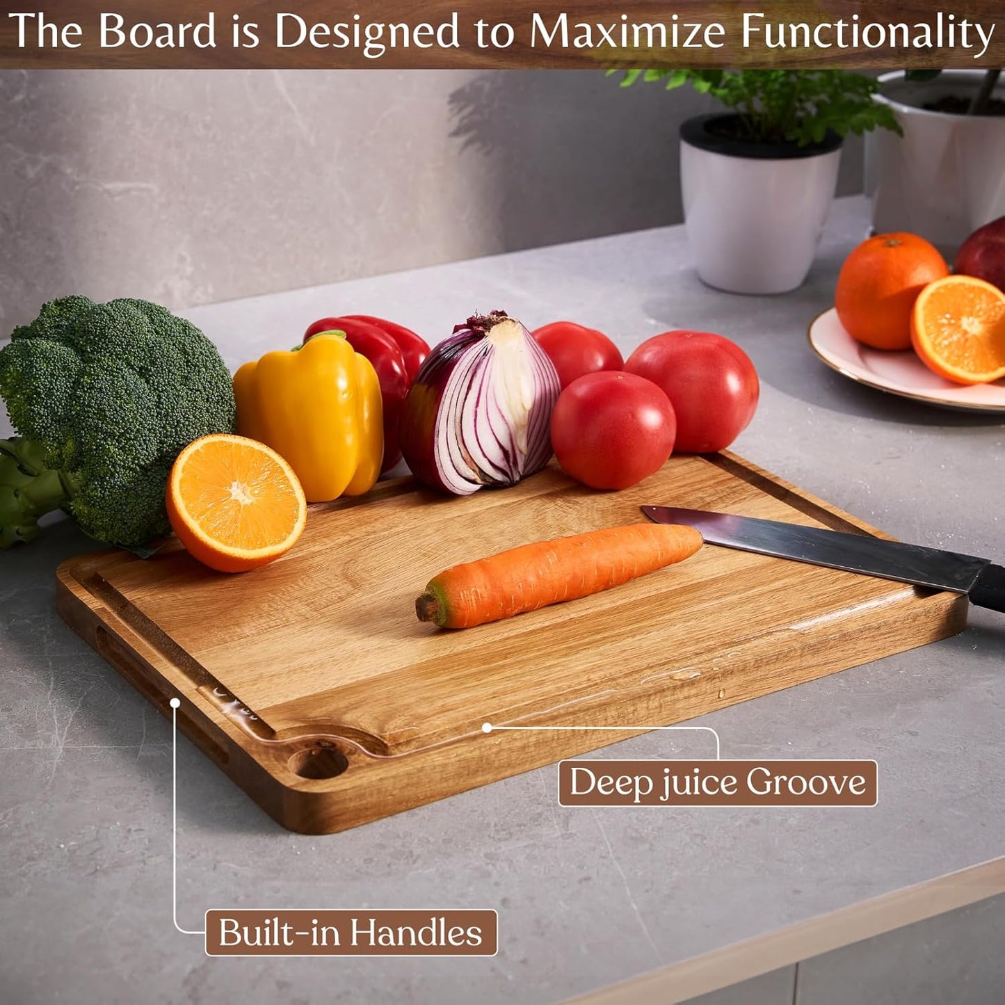 Acacia Wood Cutting Board (15x10x0.8 In.) - Solid Organic Wooden Meat Boards for Kitchen, Real Hardwood Chopping Butcher Block with Deep Juice Groove Well for Counter
