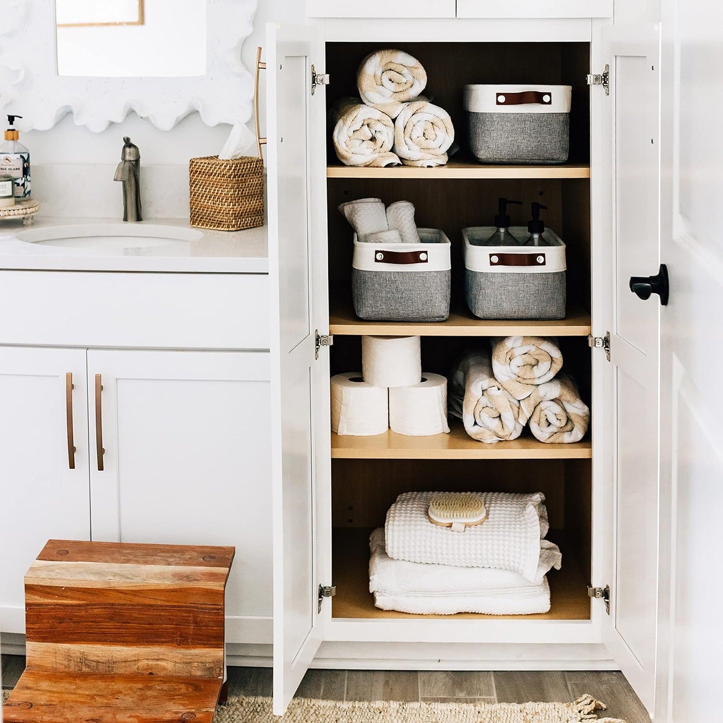 OrganiHaus Small Fabric Storage Bins for Shelves 3 Pack, 12x8in Closet Storage Bins for Shelves, Cloth Baskets for Organizing, Linen Closet Organizers, Fabric Basket, Shelf Organizer Bins Gray/White