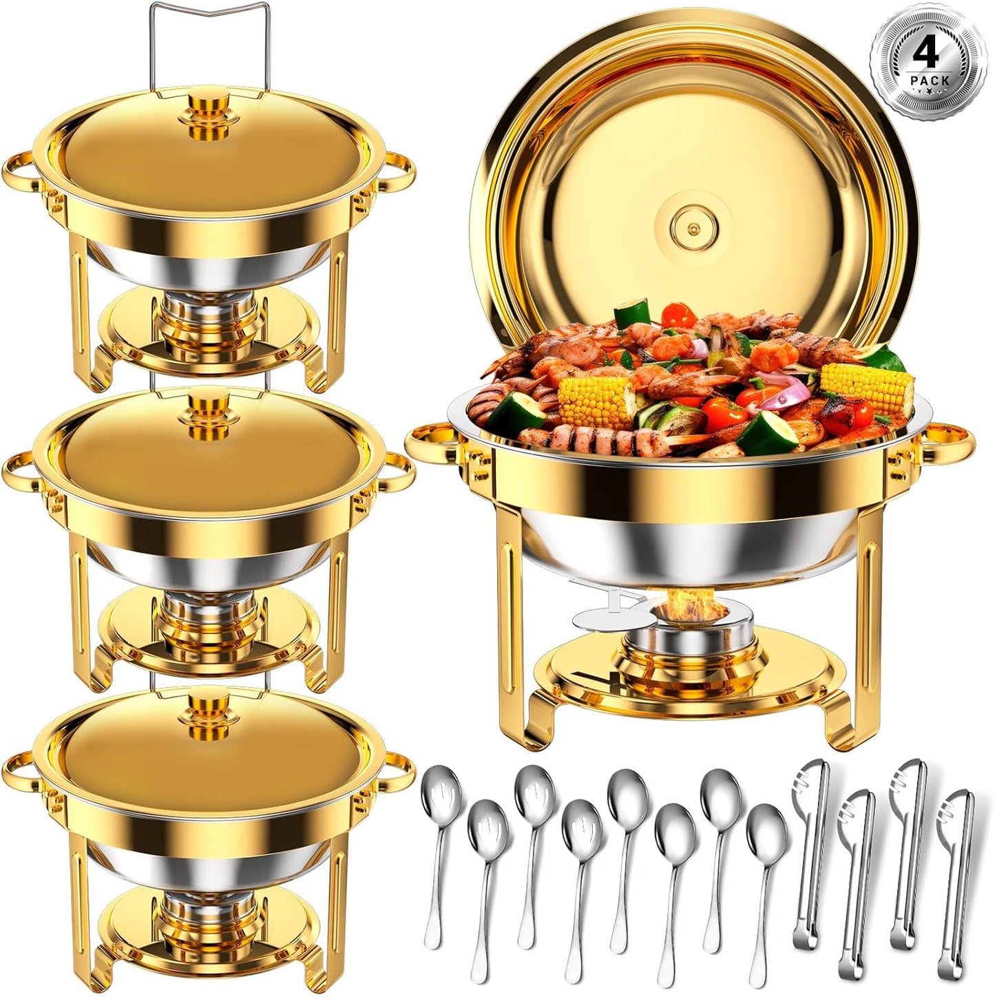 Round Chafing Dishes for Buffet 5 Qt,High Grade Chafing Dish Buffet Set with Stainless Steel Lid & Lid Holder,Full Size Pan,Food Warmers for Parties,Buffet,Wedding, Birthday 4 Pack (Gold)