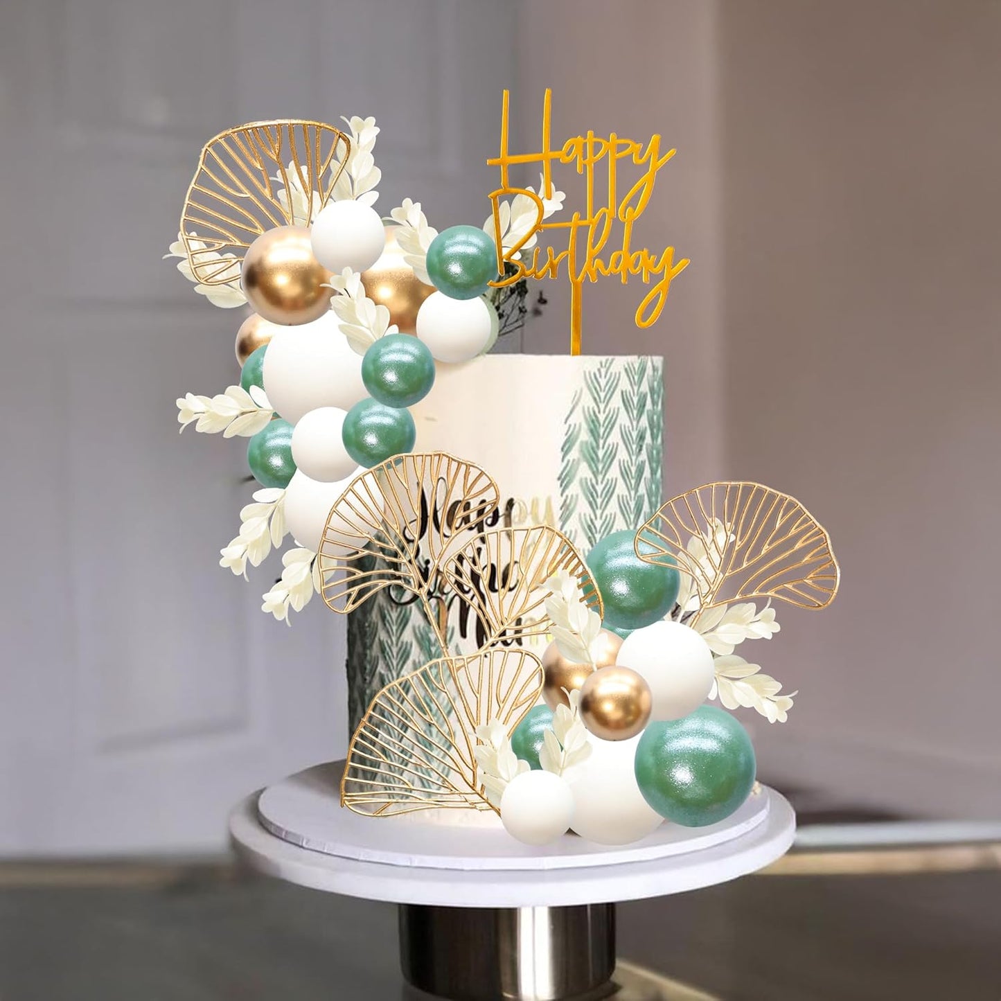 Gyufise 57Pcs Balls Cake Topper Boho Grass Cake topper Pearl Balls Acrylic Happy Birthday Cake Decorations for Wedding Baby Shower Birthday Boho Themed Party Supplies Pearl Green