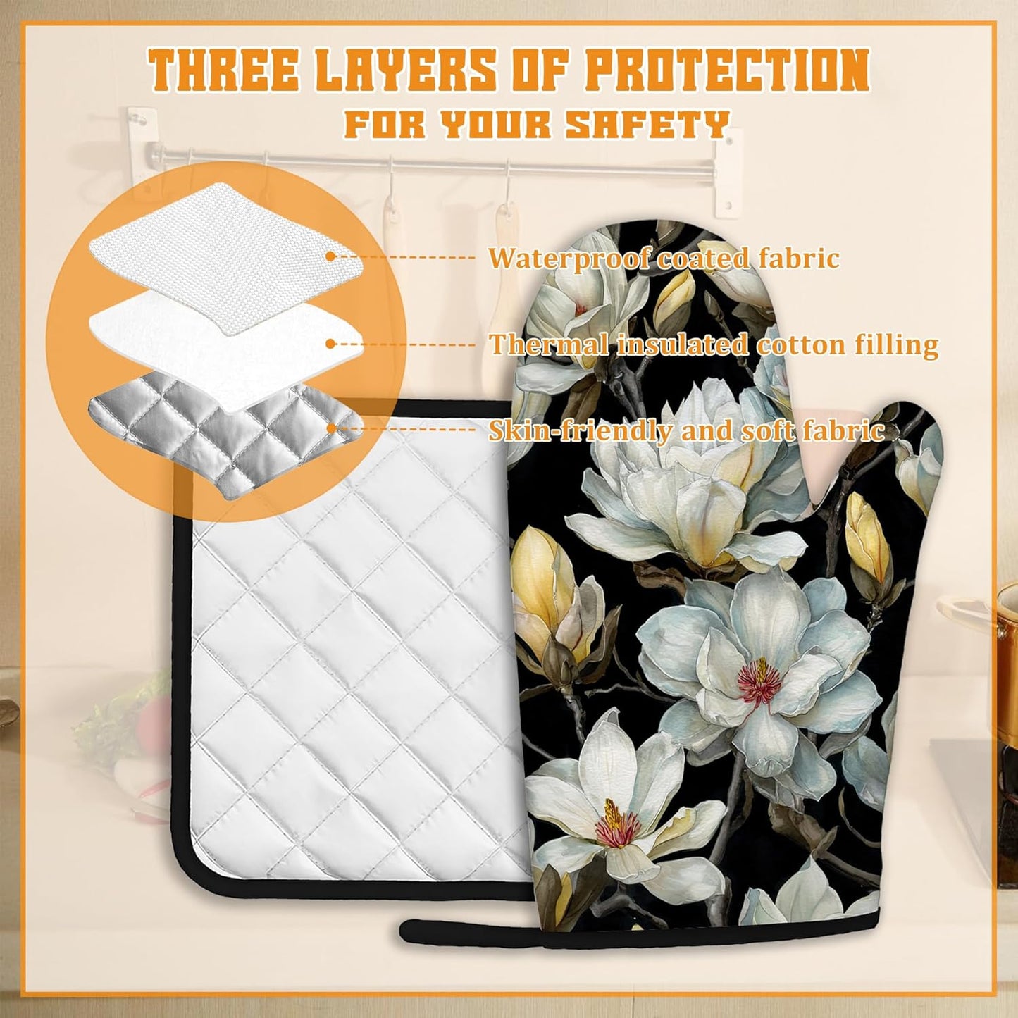 Vintage White Magnolia Oven Mitts and Pot Holders,Heat Resistant Oven Mitts Gloves and Pot Holder for Home Kitchen Decorations Cooking Baking BBQ Gifts,Set of 4