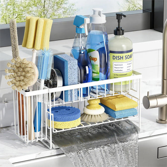 Cisily White 2-Tier Kitchen Sink Caddy Organzier Rack with Flexible Dish Brush Holder, Sponge Holder for Kitchen Sink Countertop Organization Storage,Home Decor Accessories