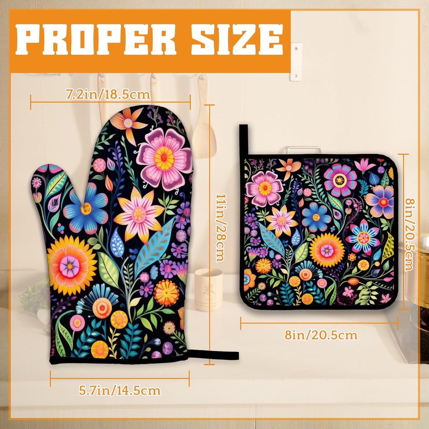 Vintage Hippie Flower Oven Mitts and Pot Holders,Heat Resistant Oven Mitts Gloves and Pot Holder for Home Kitchen Decorations Cooking Baking BBQ Gifts,Set of 4