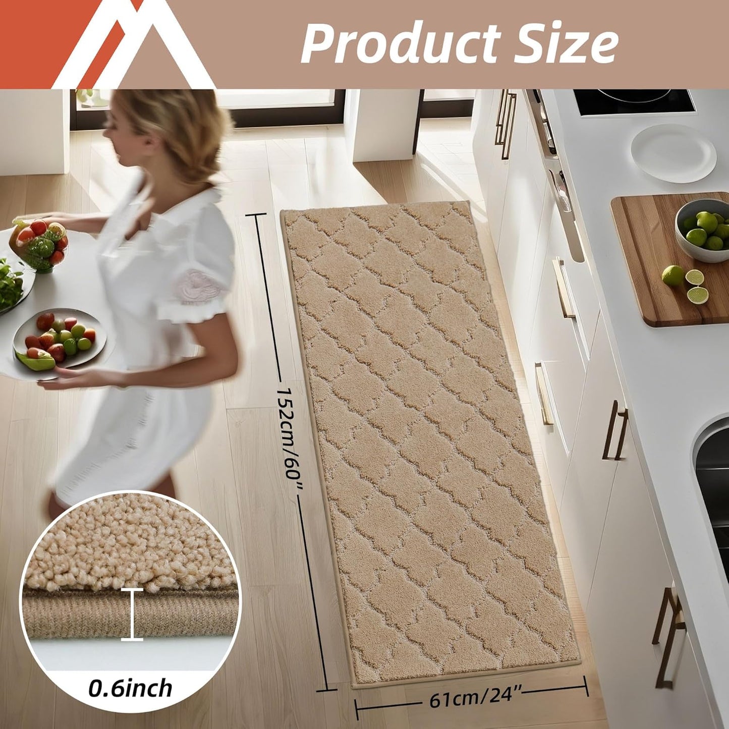 COSY HOMEER-Kitchen-Rugs-Non-Slip-Washable 24"x60" Absorbent Kitchen Runner Rug Polyester Kitchen Mats for Floor Soft Standing Floor Mats for Sink Mat,Hallway,Laundry,Beige