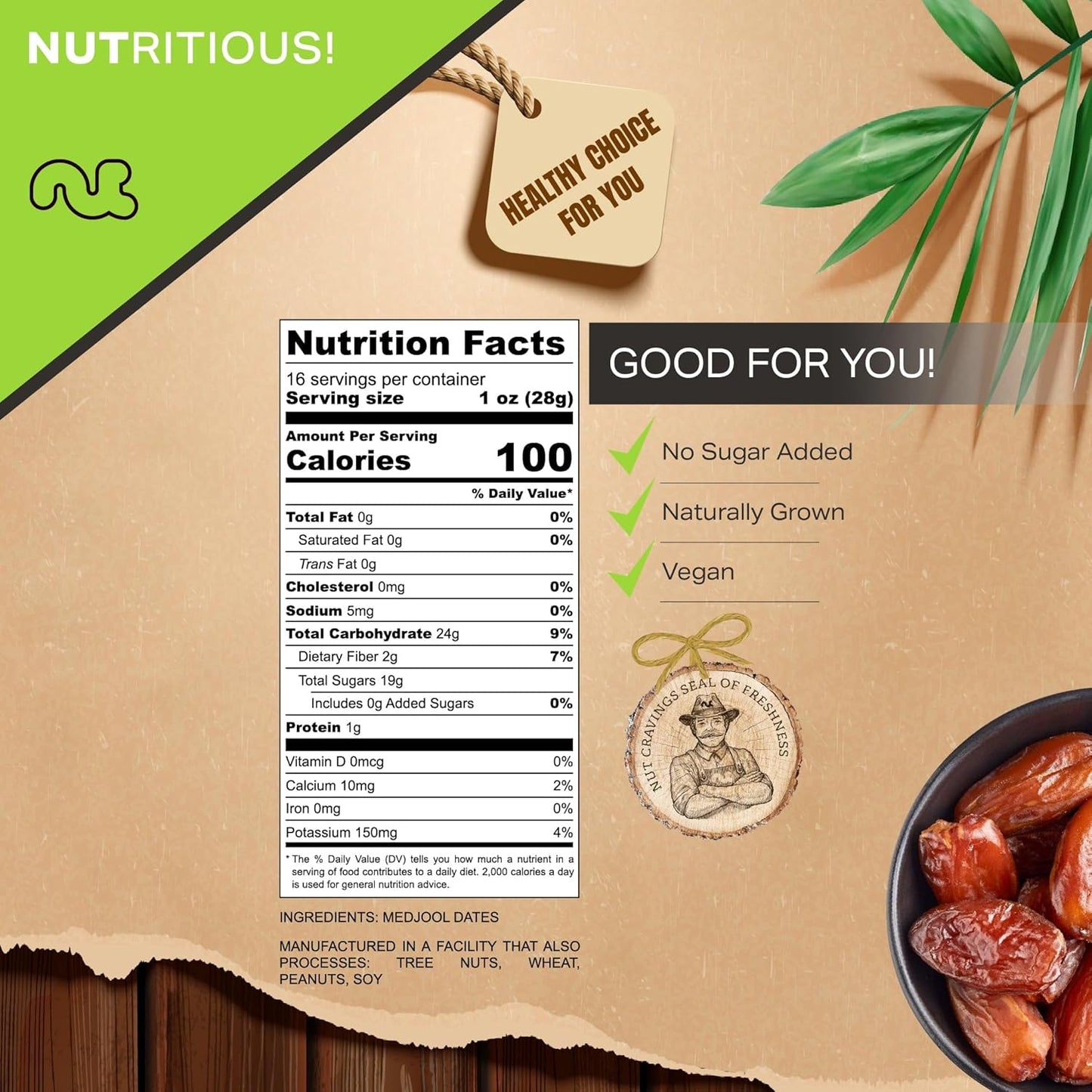 NUT CRAVINGS - Sun Dried Jumbo Medjool Dates, No Sugar Added (16oz, 1 LB) Bulk Dry Fruits Packed Fresh in Resealable Bag - Sweet Healthy Snack, Naturally Grown, Vegan, Kosher