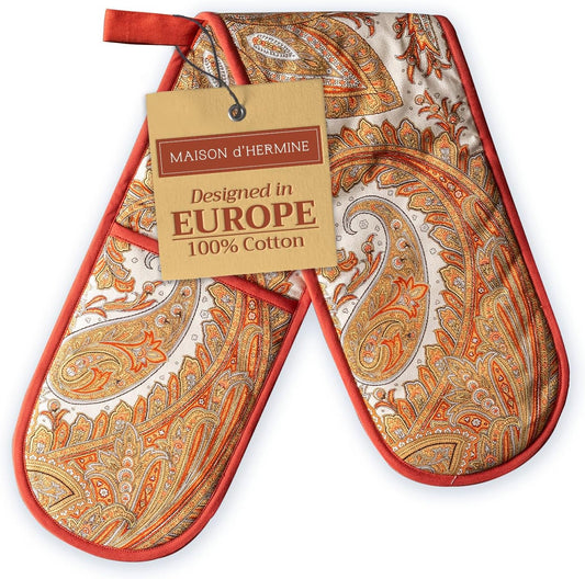 Maison d' Hermine Double Oven Mitts 100% Cotton 7"x35" Double Oven Mitt Heat Resistant BBQ Cooking Gloves with Loop, Baking, Grilling, Home, Kitchen, Handling Hot Pans (Kashmir Paisley)