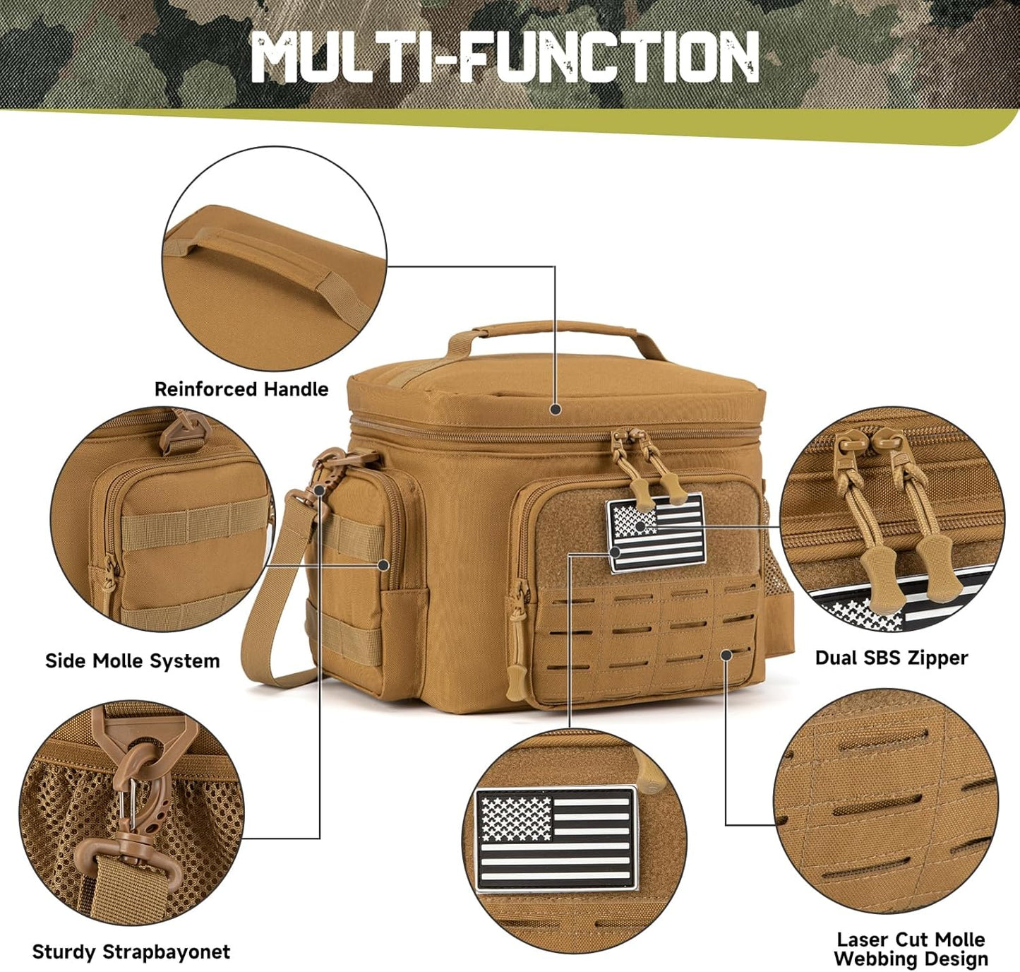 QT&QY Tactical Lunch Bag for mens Military heavy duty lunch box work Leakproof insulated Durable Thermal Cooler Bag for Adult Meal for Office Camping Picnic Pail MOLLE Webbing Khaki
