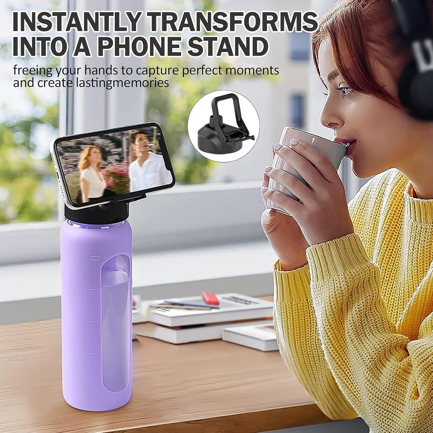 Glass Water Bottle with Straw, 24oz Glass Drinking Bottle with 2 Lids-Bamboo and Spout Lid with Phone Holder Handle for Gym Sports,with Silicone Sleeve and Time Marker,Purple