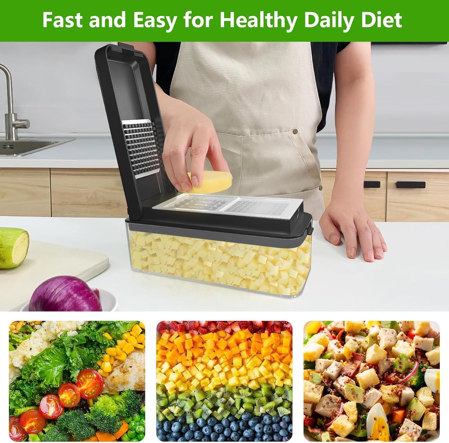 Vegetable Chopper, Onion Chopper Dicer, Mandoline Slicer, Food Chopper with Container, Vegetable Cutter for Salad Potato Carrot Garlic（2 Blades, Black White）