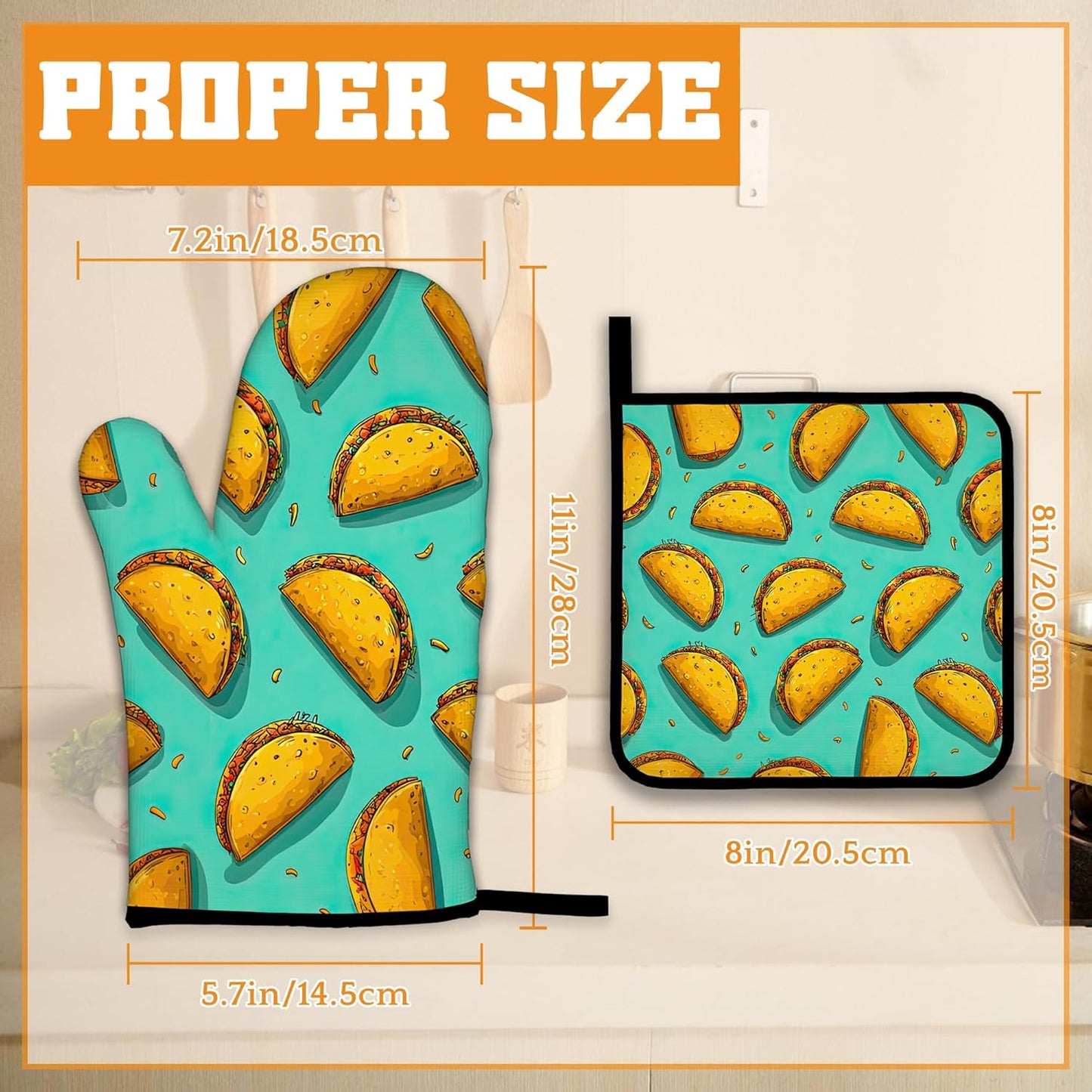 Mexican Taco Oven Mitts and Pot Holders Set,Kitchen Oven Gloves and Pot Holder with Heat Resistant Non Slip for Cooking Baking Grilling(4 Piece Set)