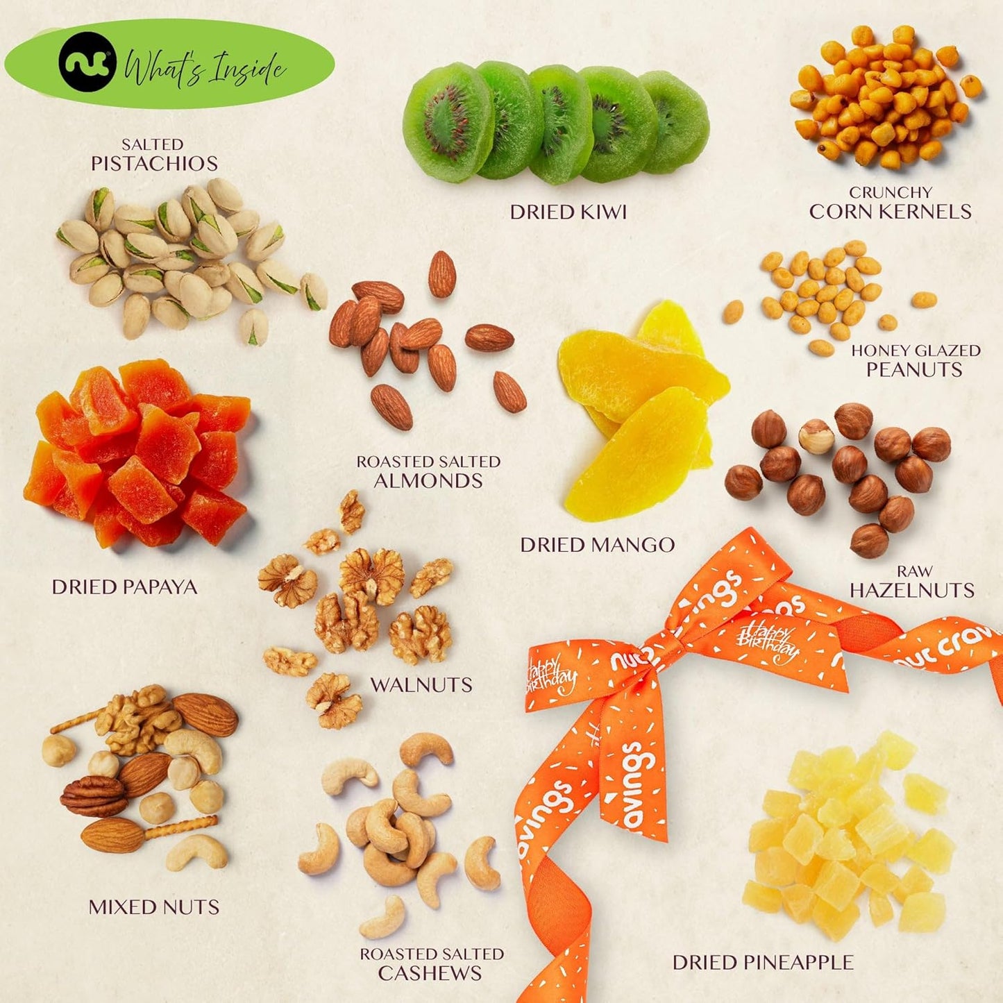 NUT CRAVINGS Gourmet Collection - Happy Birthday Treats, Dried Fruit & Mixed Nuts Gift Basket with Bday Ribbon in Reusable Wooden Tray (12 Assortments) Food Arrangement, Healthy Snack, Food Assortments